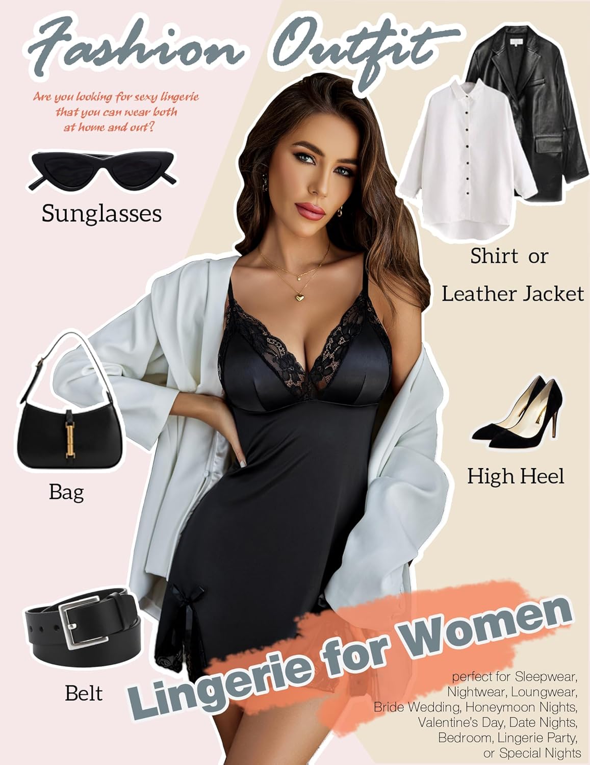 ADOME Lingerie for Women Lace Chemise Nightgown Satin Babydoll Dress Silk Slip Nightwear S-XXL - Image 4