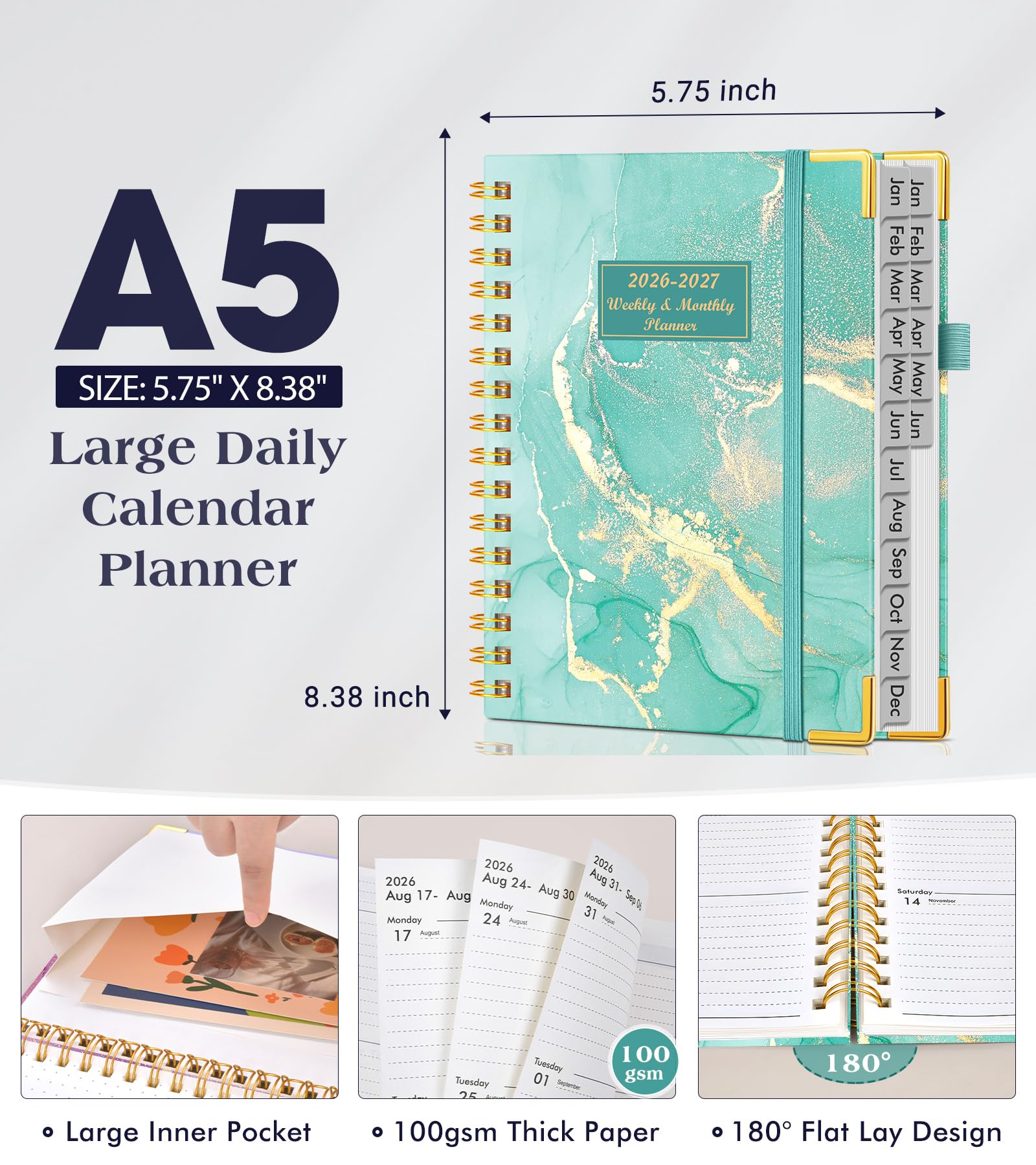 A5 18 Monate Wochen- und Monatsplaner 2026-2027, Januar 2026 - Juni 2027, Hardcover Tagesplaner, Wochen- und Monatsplaner, Terminplaner mit Register, Spiralkalender, Planer für Büro, Arbeit, Schule
