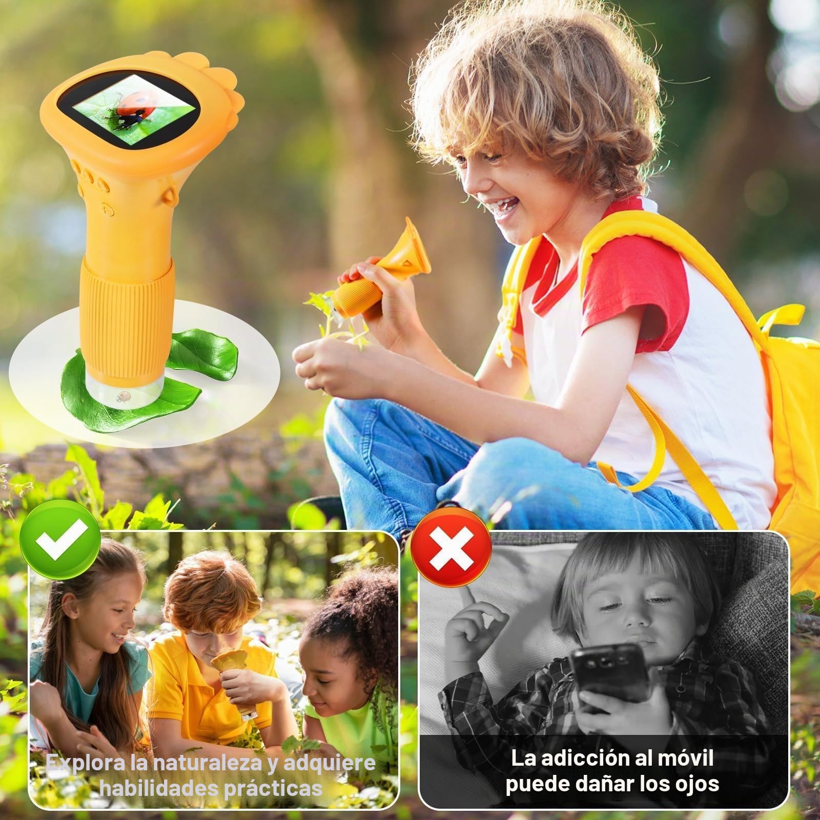 Microscopio Digital Niños con Pantalla IPS de 2.0'' y 8 Luces LED, 200x, Recargable, Portátil, 2MP y 200-1000X, Amarillo