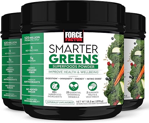 Force Factor Smarter Greens Superfoods en polvo, paquete de 3, verde en polvo con probióticos, enzimas digestivas, antioxidantes y fibra,