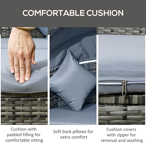 Miniatura 3 de Outsunny Juego de muebles de ratán para exteriores de 4 piezas sofá cama redondo convertible para patio o cama solar sofá modular con toldo