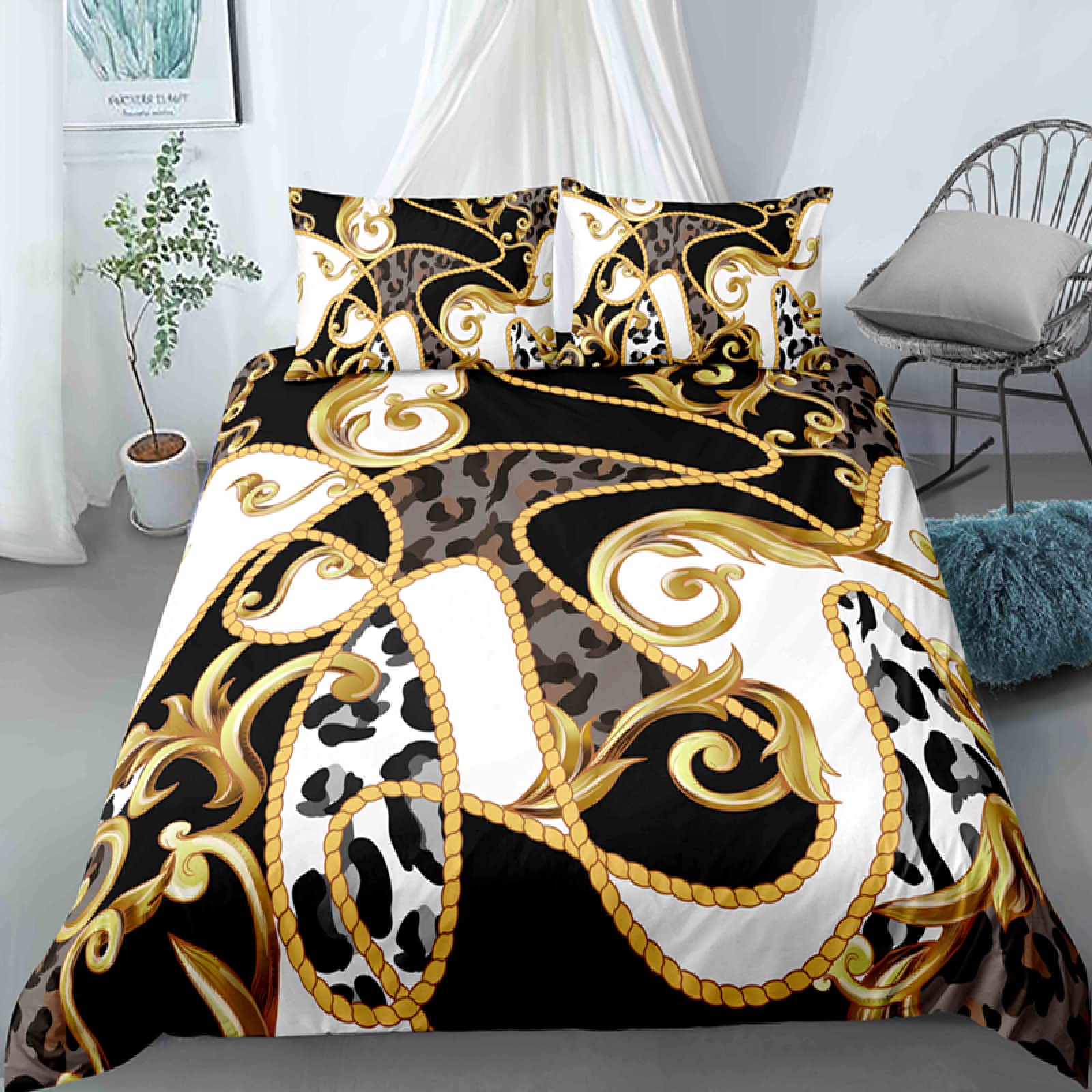 Housse de couette 160x200 léopard noir parure de lit 2 personnes avec fermeture éclair