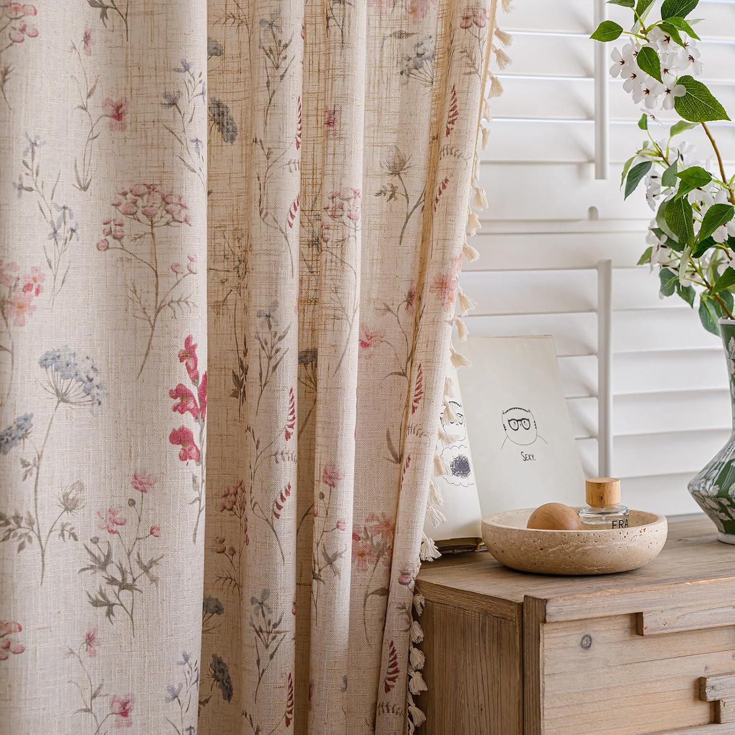 ROOMLIFE Red Floral Curtains for Bedroom 63 Inches Long 2 Panels Rod Pocket, Light Filtering Privacy French Country Patterned Curtains for Living Room Drapes Window Treatments with Tassels