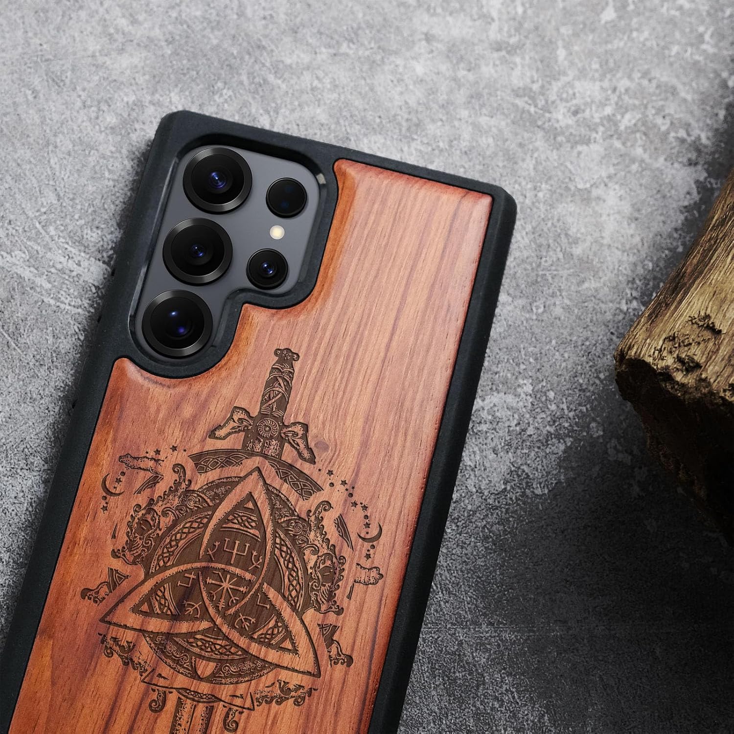 Carveit Magnetic Wooden Case for Samsung Galaxy S25 Ultra Case 2025, TPU Shockproof Cover & Wood Artisan Engraved, Compatible with MagSafe Wireless Chargers (Norse Emblems) Rosy