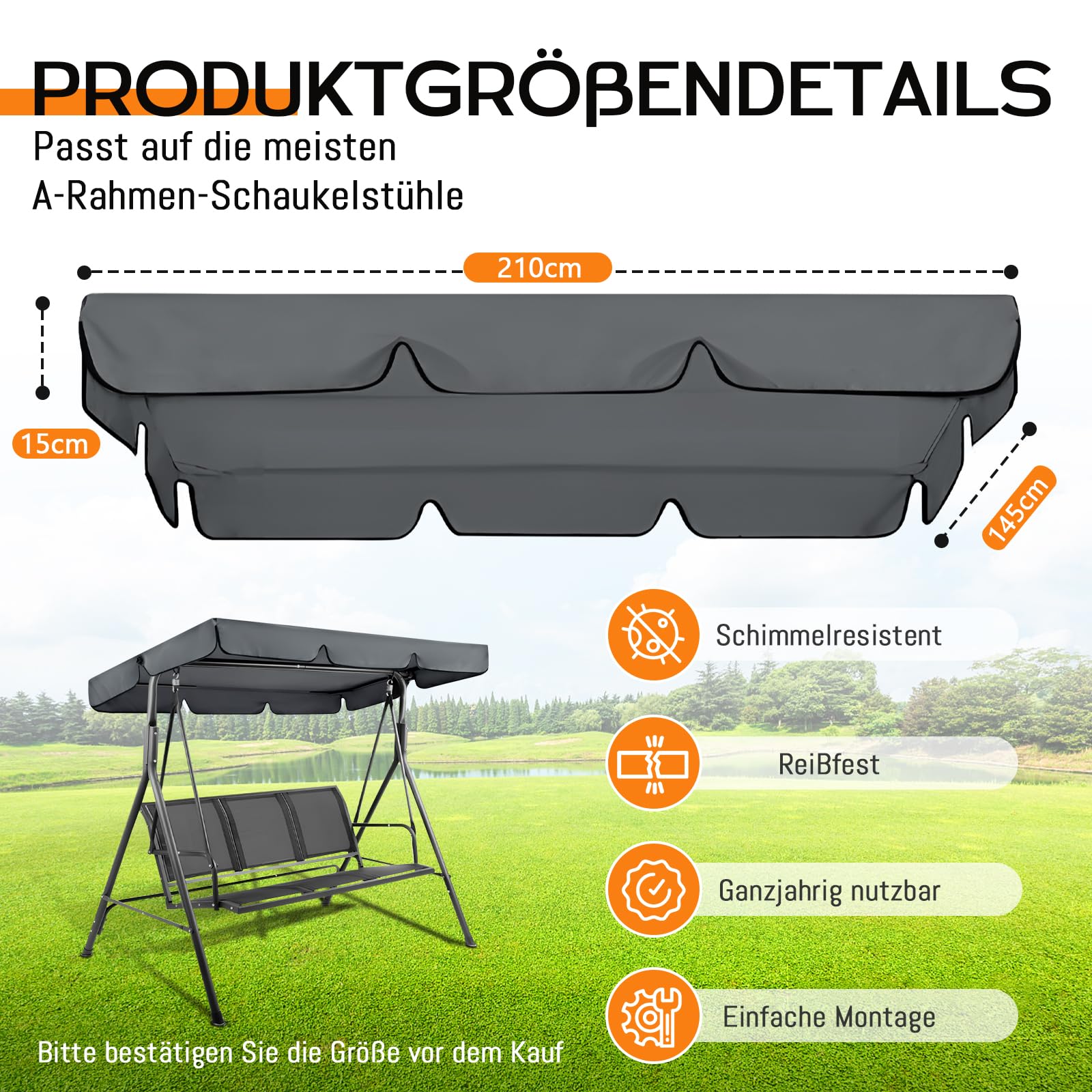 Hollywoodschaukel Dachbezug, 210 x 145 cm Universal Ersatzdach Gartenschaukel 3 Sitzer, Wetterbeständig Sonnendach für Gartenschaukel, UV-Schutz Sonnendach (210 x 145 cm)