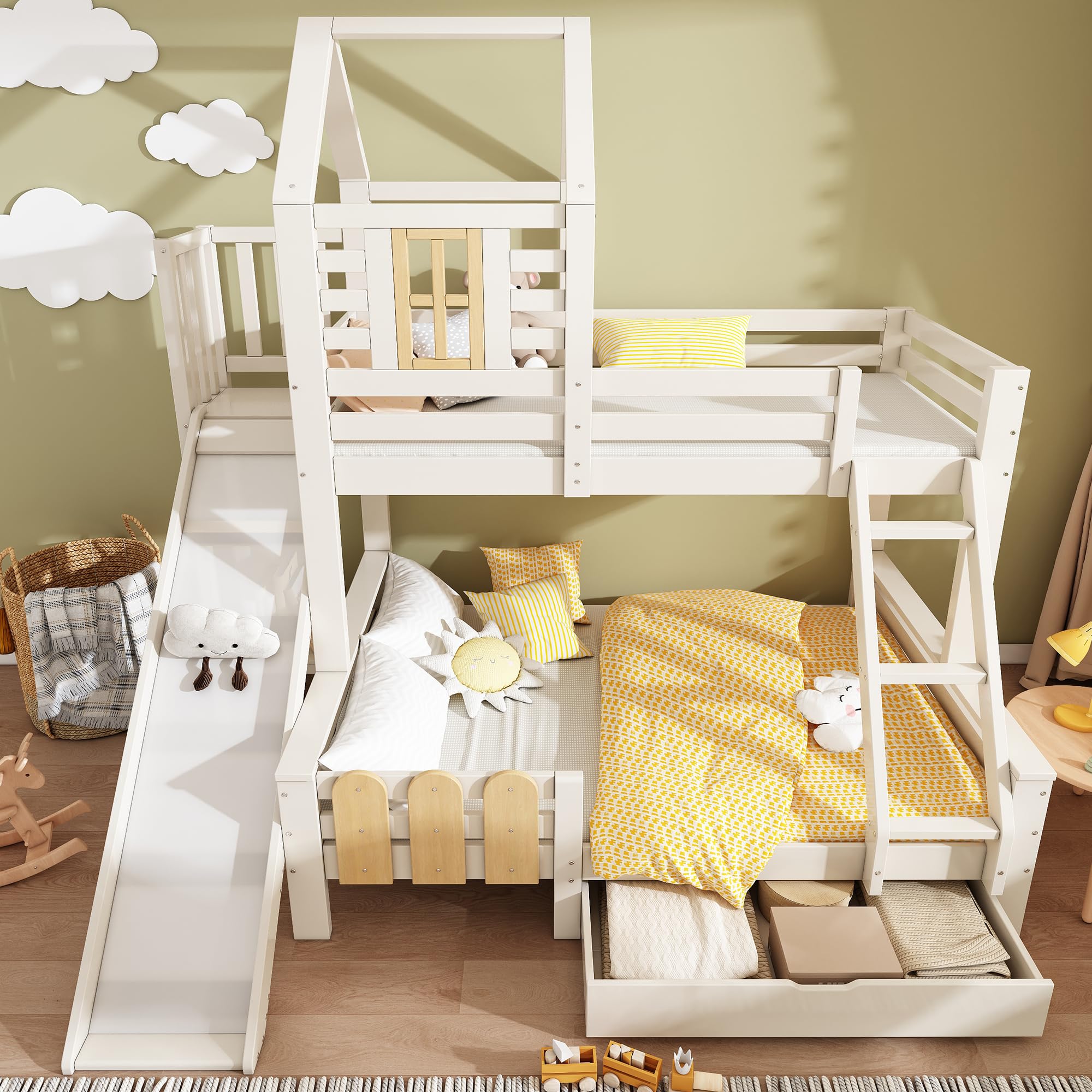 Kinderbett Etagenbett 90x200 & 140x200 mit Leiter & Rutsche, Weiß | Für Esszimmer Wohnzimmer, Hochbett Hausbett mit Bücherregal & Schubladen, Mit Lattenrost & Rausfallschutz, Ohne Matratze