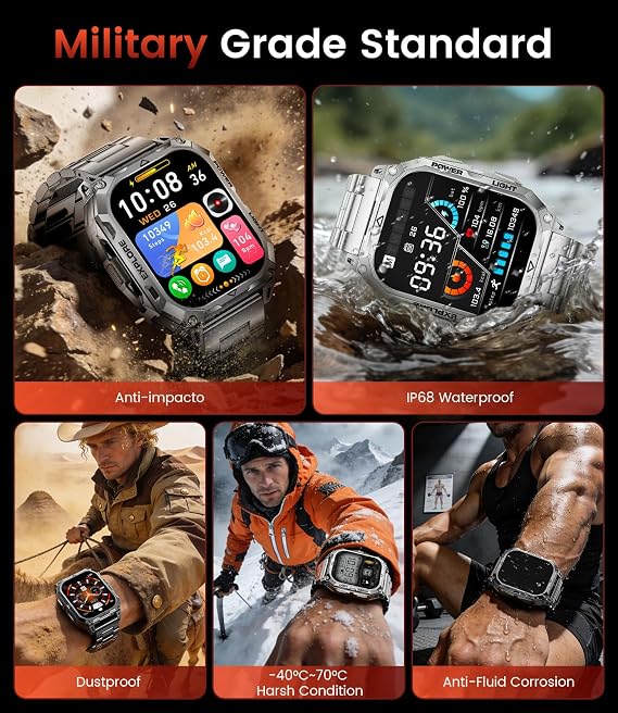 Smart Watches for Men(Answer/Dial Call), 2,01'' Super Large Military Smartwatch with 900mAh High-Capacity Battery/Led Flashlight/Heart Rate/Sleep Monitor, IP68 Waterproof Fitness Watch for Android iOS