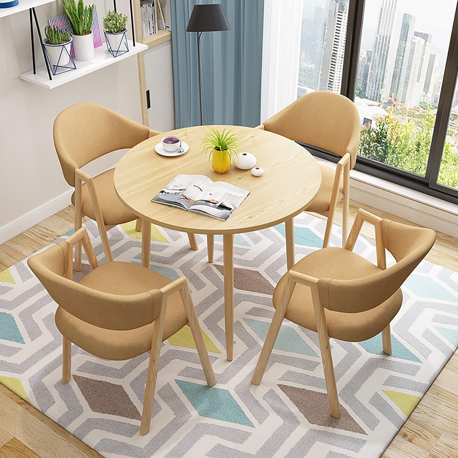 Round Dining Table Set with 4 Upholstered Chairs, 80cm Round Table for Cafe
