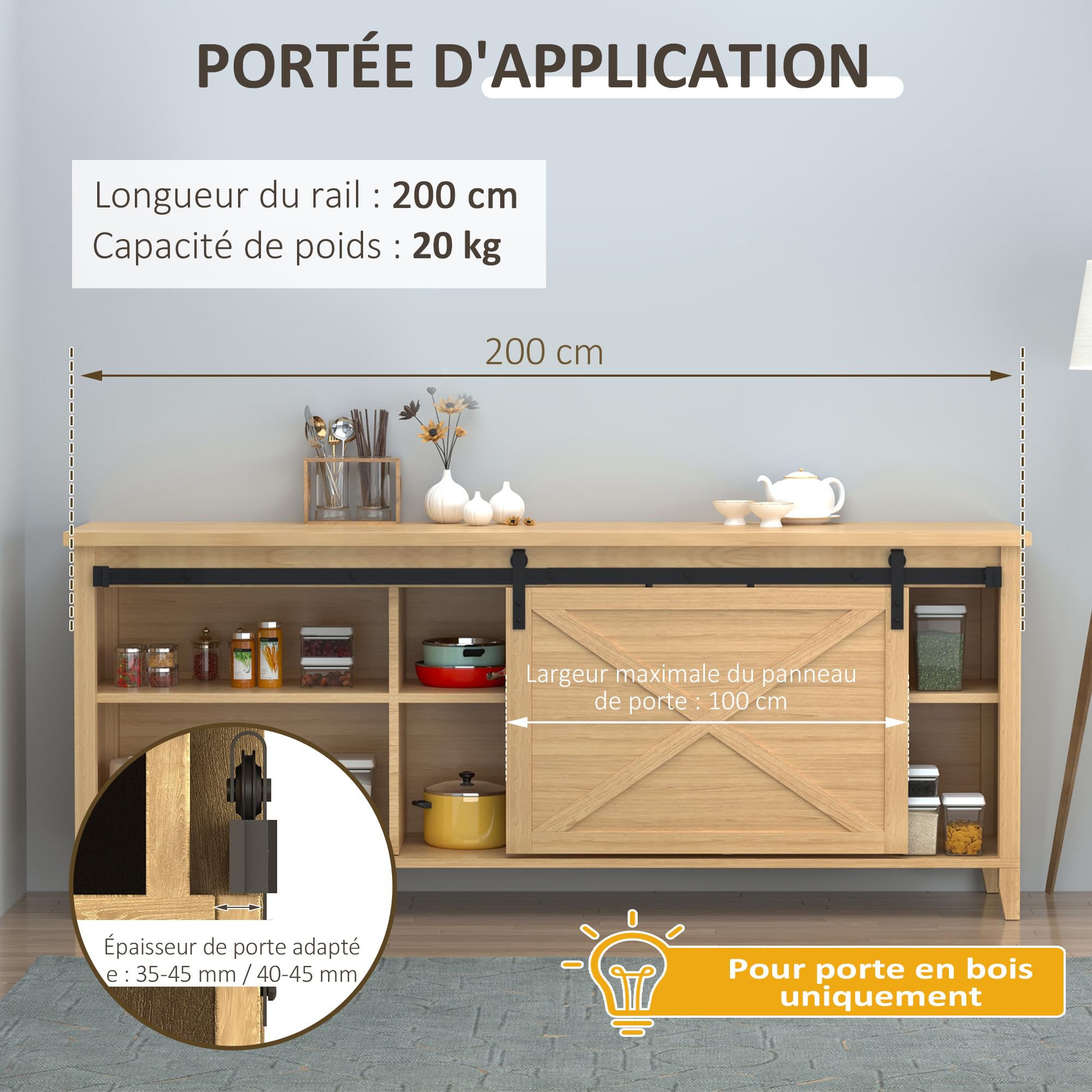 HOMCOM 200 CM Rail porte coulissante Kit Rail Porte de Grange Simple Noir