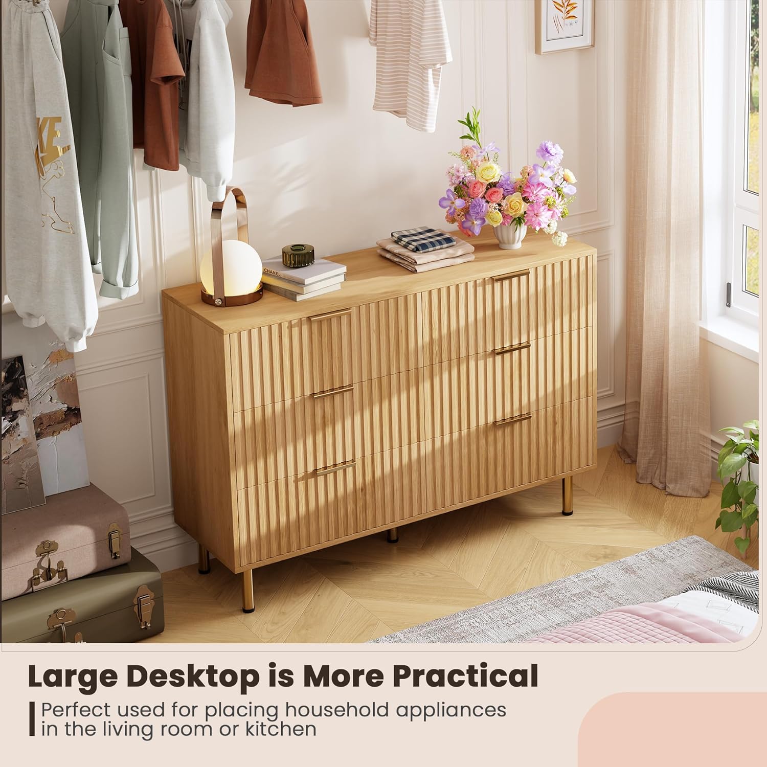 GarveeHome Natural 6 Drawer Dresser for Bedroom, Fluted 47.2 in Wide Modern Chest of Drawers with Deep Drawers, Long Large Double Dresser TV Stand for Living Room, Hallway, Kids Room