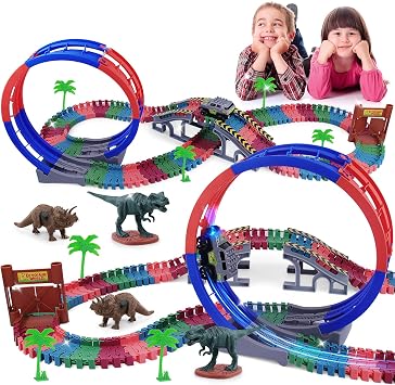 144 PCS Race Tracks Dinosaur Toys for Kids 3-5, Glow in The Dark Magic Toy Set, Flexible DIY Track Set, Birthday Gift for Age 3-9 Boys Toddler Girls,Create a Dinosaur Adventure World