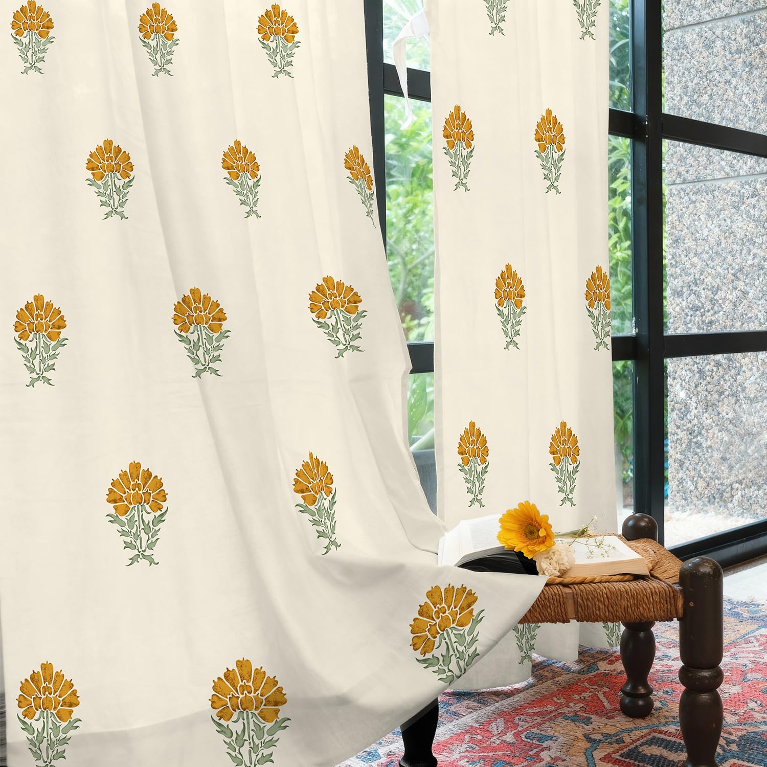 Urban Space 100% Cotton Floral Curtains 5 Feet Long Set Of 2, 60-65% Room Darkening Curtains, Decorative Curtain With Eyelets/Rings For Hanging, Tieback Included (Marigold Yellow, 5 Feet)