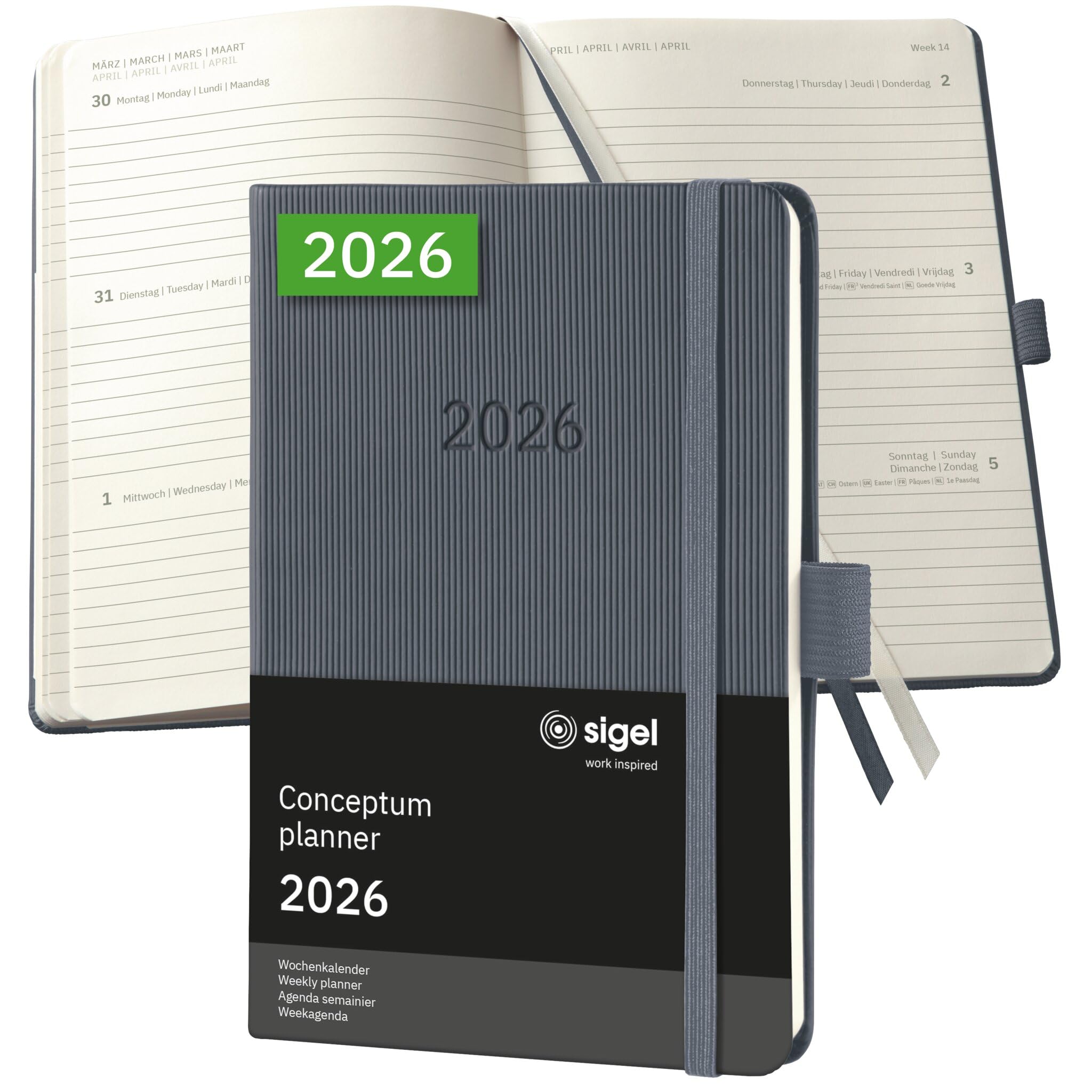 SIGEL C2667 Wochenplaner Wochenkalender 2026, ca. A6, dunkelgrau, Hardcover, 176 Seiten, Gummiband, Stiftschlaufe, Archivtasche, aus nachhaltigem Papier, Kalenderbuch Conceptum