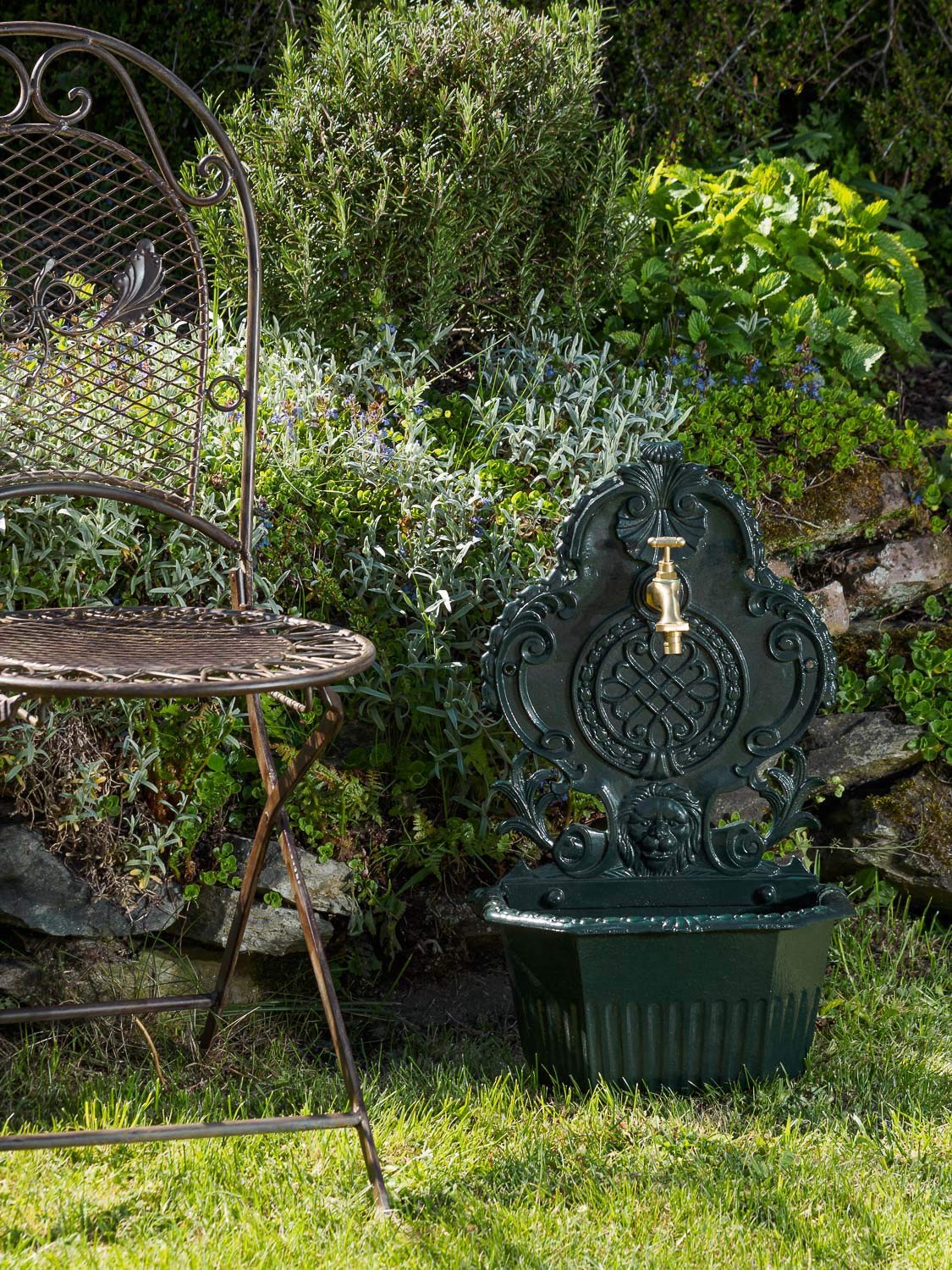 aubaho Fuente de Pared para jardín con Pila Estilo Antiguo - Aluminio Fundido - Verde