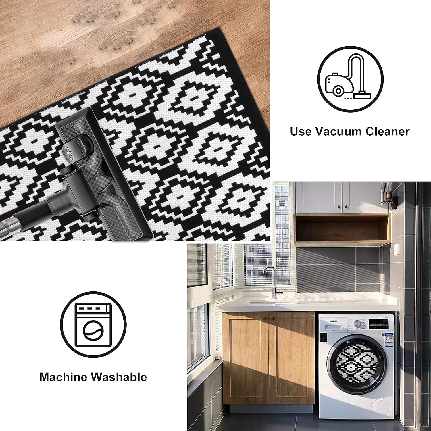 OJIA Black and White Doormat 23.6"x 35.4" Geometric Pattern Reversible Accent Rugs Indoor/Outdoor Cotton Runner for Front Door/Porch/Entrance/Kitchen/Laundry Room