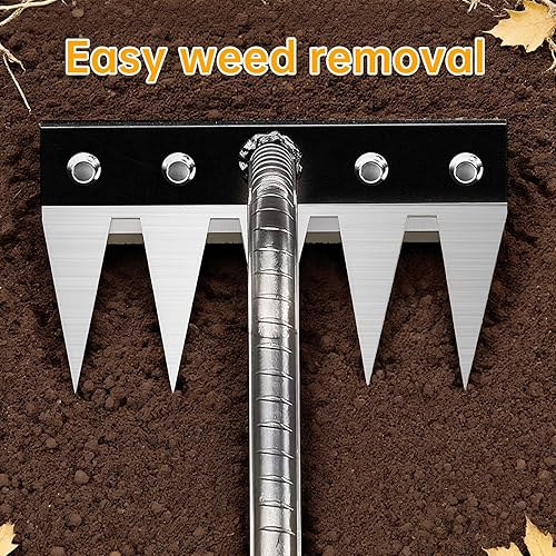 Miniatura 5 de Rastrillo de deshierbe de hierro, herramienta desmontable de 5 dientes para jardinería con agarre ergonómico, herramienta de extracción de