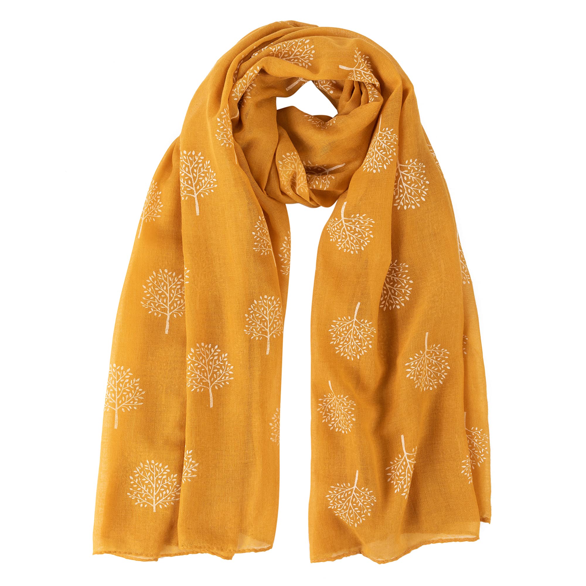 London Scarfs Glitter Mulberry Trees Scarf Women Foil Printed Tree Fashion Ladies Wrap (Mustard With White Tree Without Glitter)