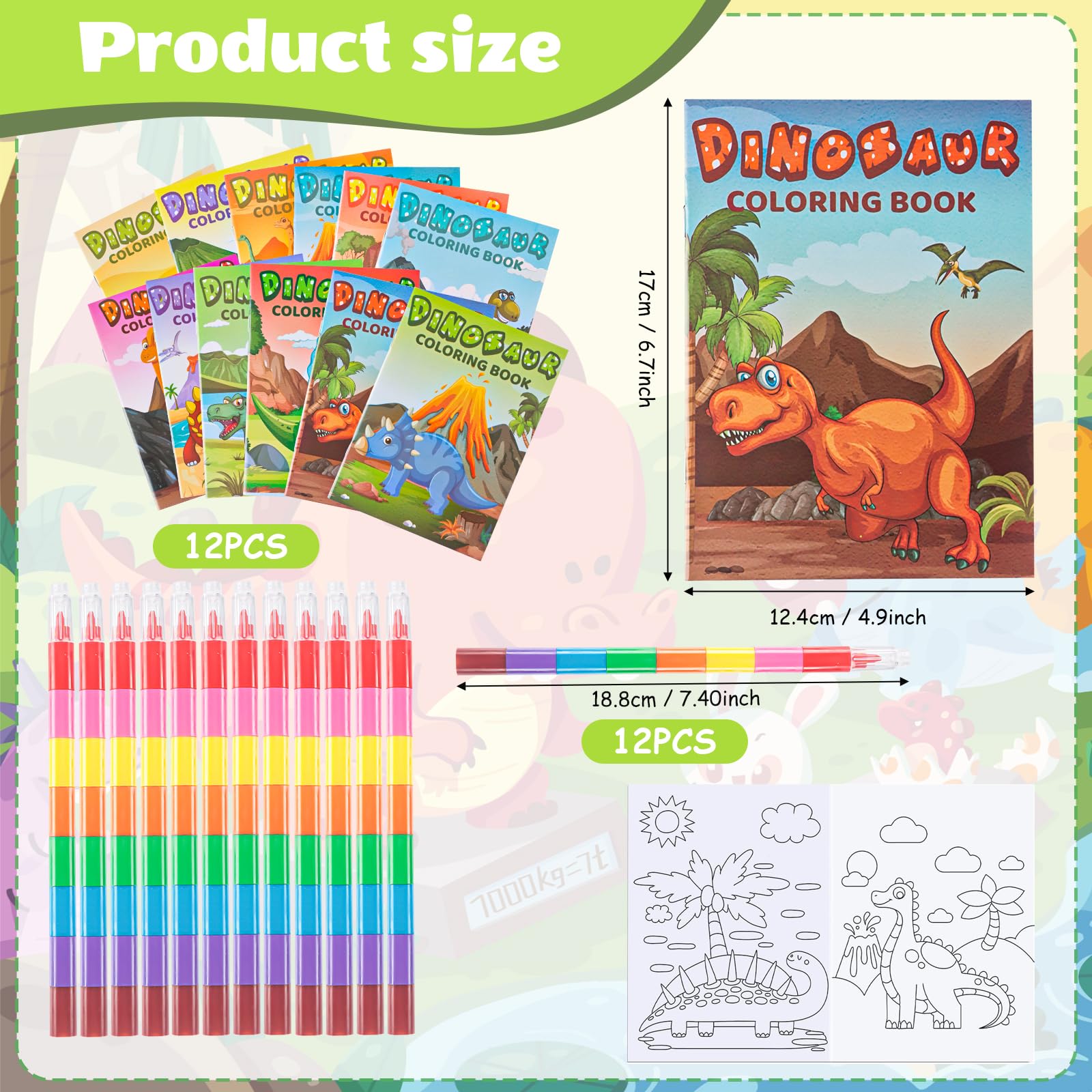 Set De Coloriage Dinosaures - 12 Mini-livres + 12 Crayons Cire Empilables (8 Couleurs En 1) - Cadeau Anniversaire Enfant - Pour Filles Et Garçons - 8