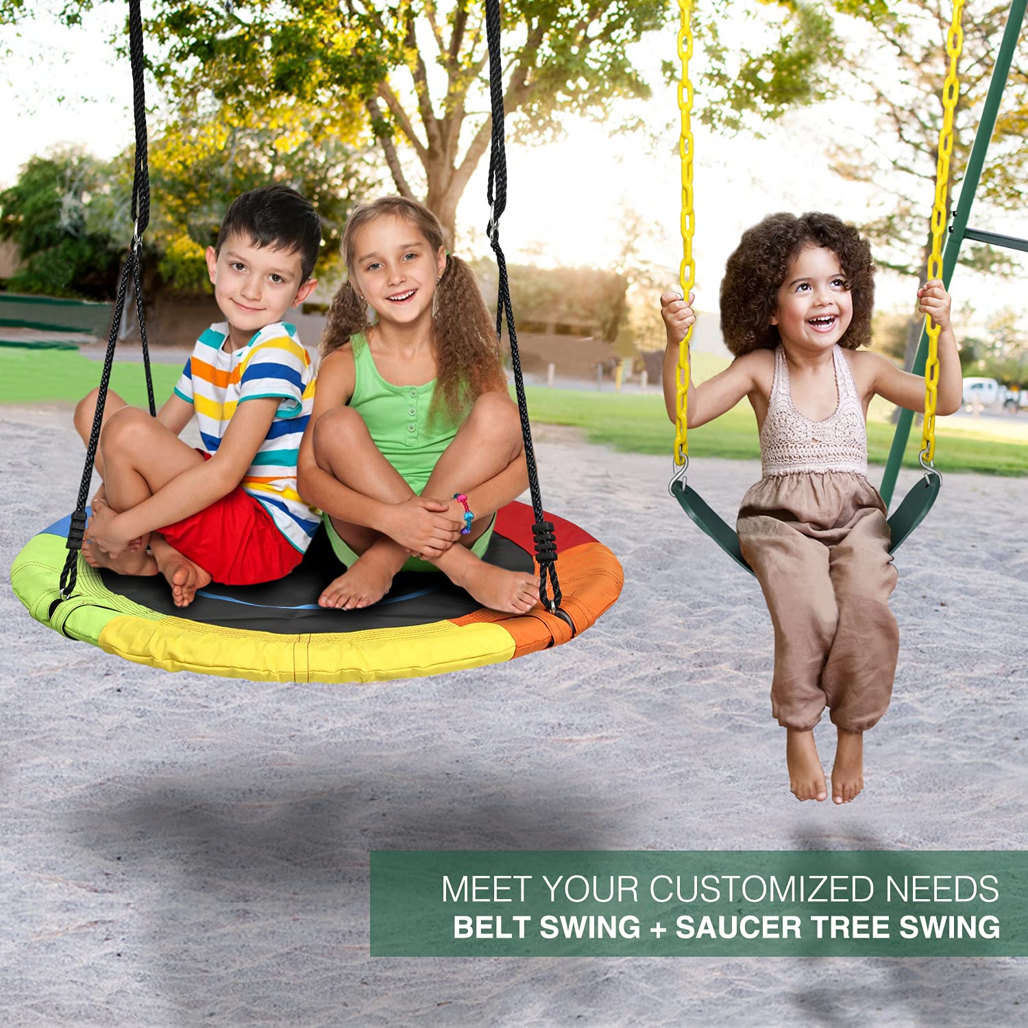 Trekassy 440lbs 2 Seat Swing Set for Backyard, 1 Saucer Swing Seat and 1 Belt Swing Seat with Heavy Duty A-Frame Metal Swing Stand