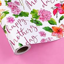 LeZakaa Mother’s Day Wrapping Paper Roll, Floral Happy Mother’s Day Reversible Gift Wrap, Pink Colorful Spring Flower Design for Mom Grandma Wife, Mini Roll 17 In x 16.4 Ft