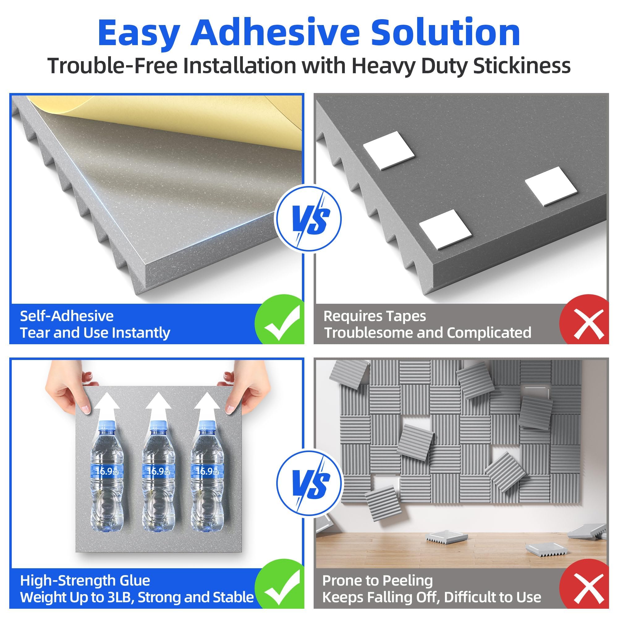 12 Pack Sound Proof Foam Panels for Wall with Self Adhesive, 3" X 12" X 12" High Density Acoustic Panels Sound Absorbing Quick-Recovery, Wedges Soundproof Wall Panels for Gaming & Studio Decor - Gray