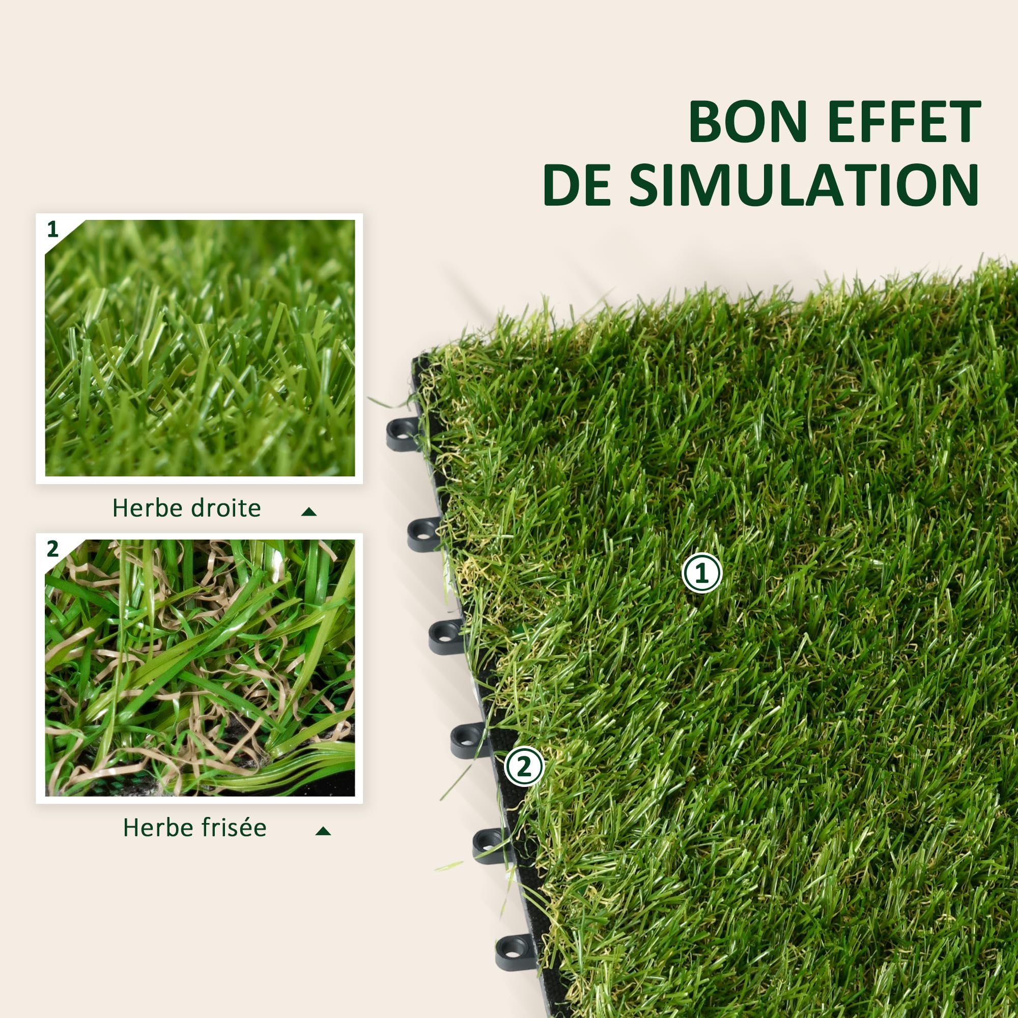 Outsunny Gazon synthétique Artificiel Set de 10 Dalles Carreaux 30 x 30 cm épaisseur Confort 3,5 cm à emboîter Vert