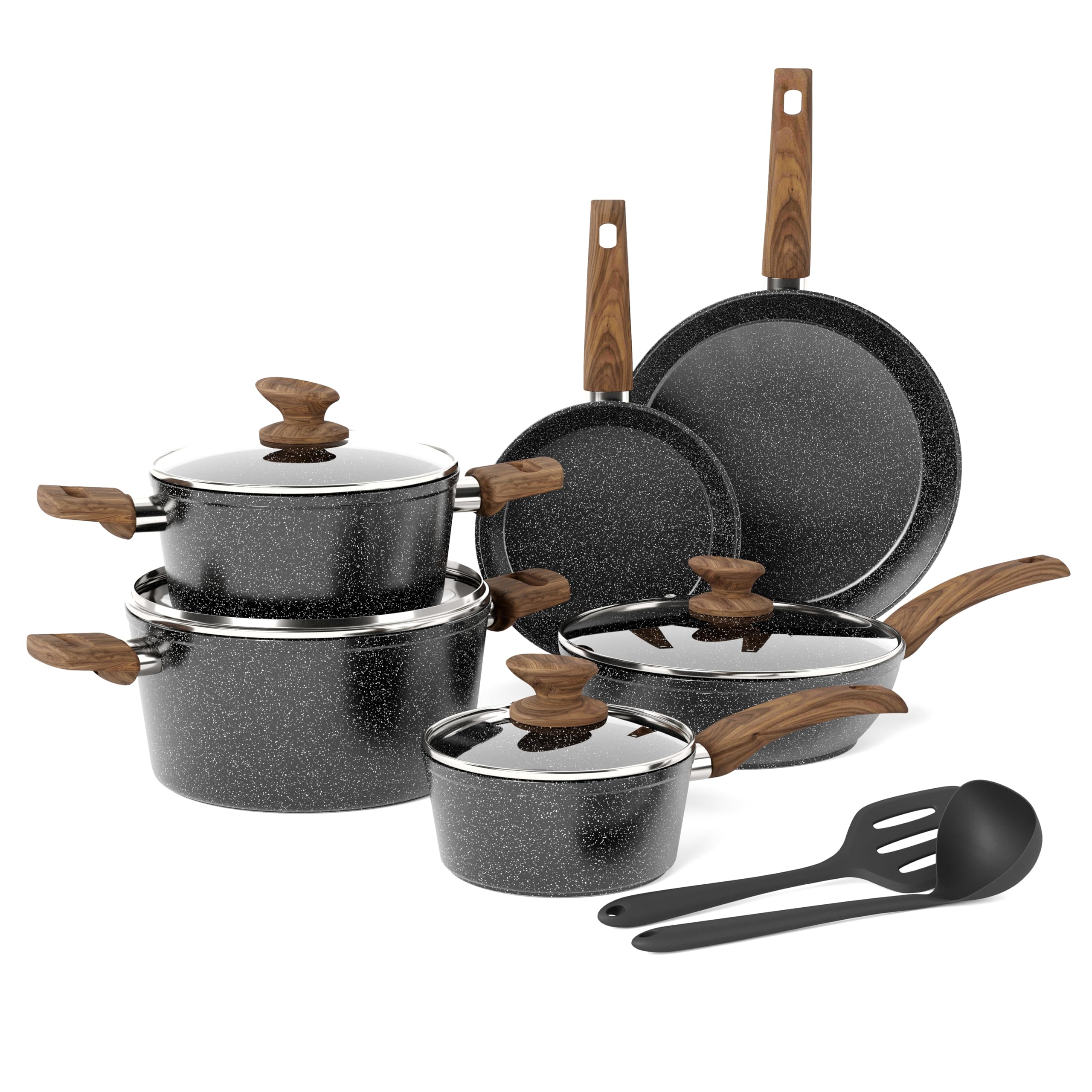 Kitchen Academy Topfset 12tlg Antihaft-Versiegelung Kochgeschirr Set Topf und Pfannenset mit Deckel, Töpfe und Pfannen set für Induktion, Gasherde und Mikrowelle,Schwarz