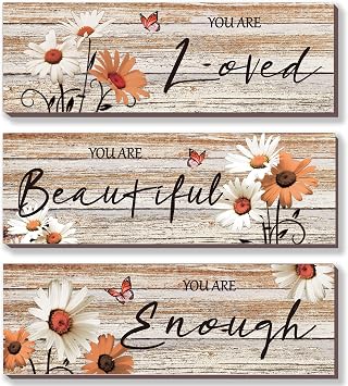 ONIZHITY 3 Pcs Orange Bathroom Decor Daisy Floral Wooden Positive Quotes You Are Beautiful Wall Art Girl Bedroom Decor for Teacher Women Living RoomOrange Daisy 12x4