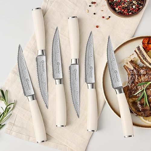 Miniatura 7 de Sunnecko Juego de cuchillos con bloque y afilador, juego de bloque de cuchillos de cocina de 15 piezas, cuchillos de cocina afilados, acero Blanco