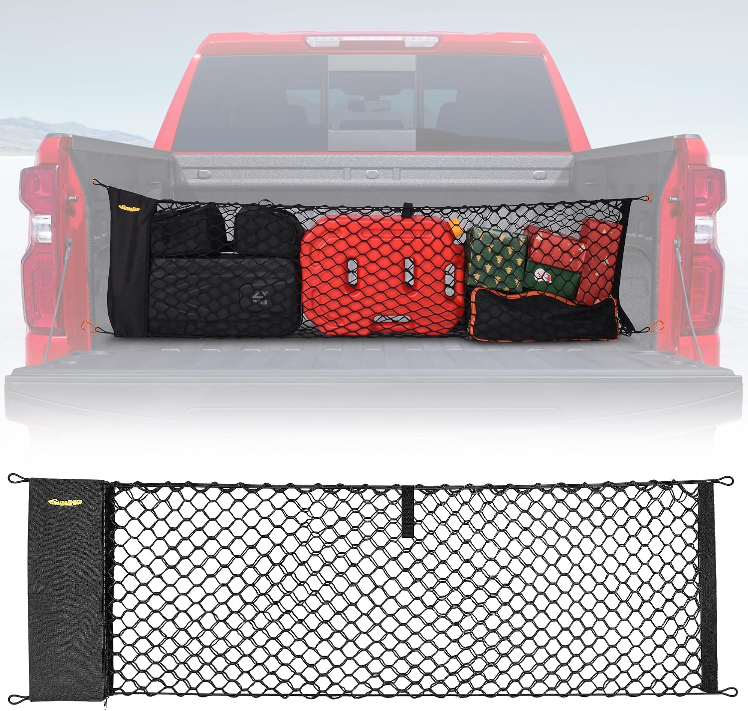 BUMBEE Envelope Style Trunk Cargo Net Compatible with Chevy Silverado 2013-2024 Accessories, Heavy Duty Carabiners Highly Elastic Truck Bed Mesh Cargo Net(16.9" X 52.56" to 66.93")