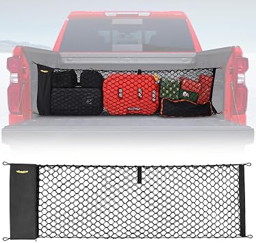 BUMBEE Envelope Style Trunk Cargo Net Compatible with Chevy Silverado 2013-2024 Accessories, Heavy Duty Carabiners Highly Elastic Truck Bed Mesh Cargo Net16.9" X 52.56" to 66.93"