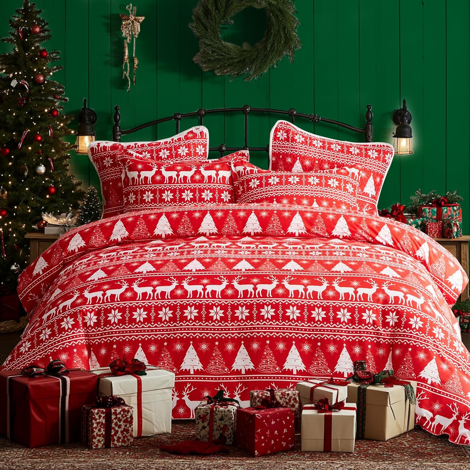 Tititada Christmas Duvet Cover Set Twin Soft Microfiber - Red Snowflake Striped Printed Xmas Holiday Decor Bedding Set for All Season, 1 Duvet Cover and 2 Shams
