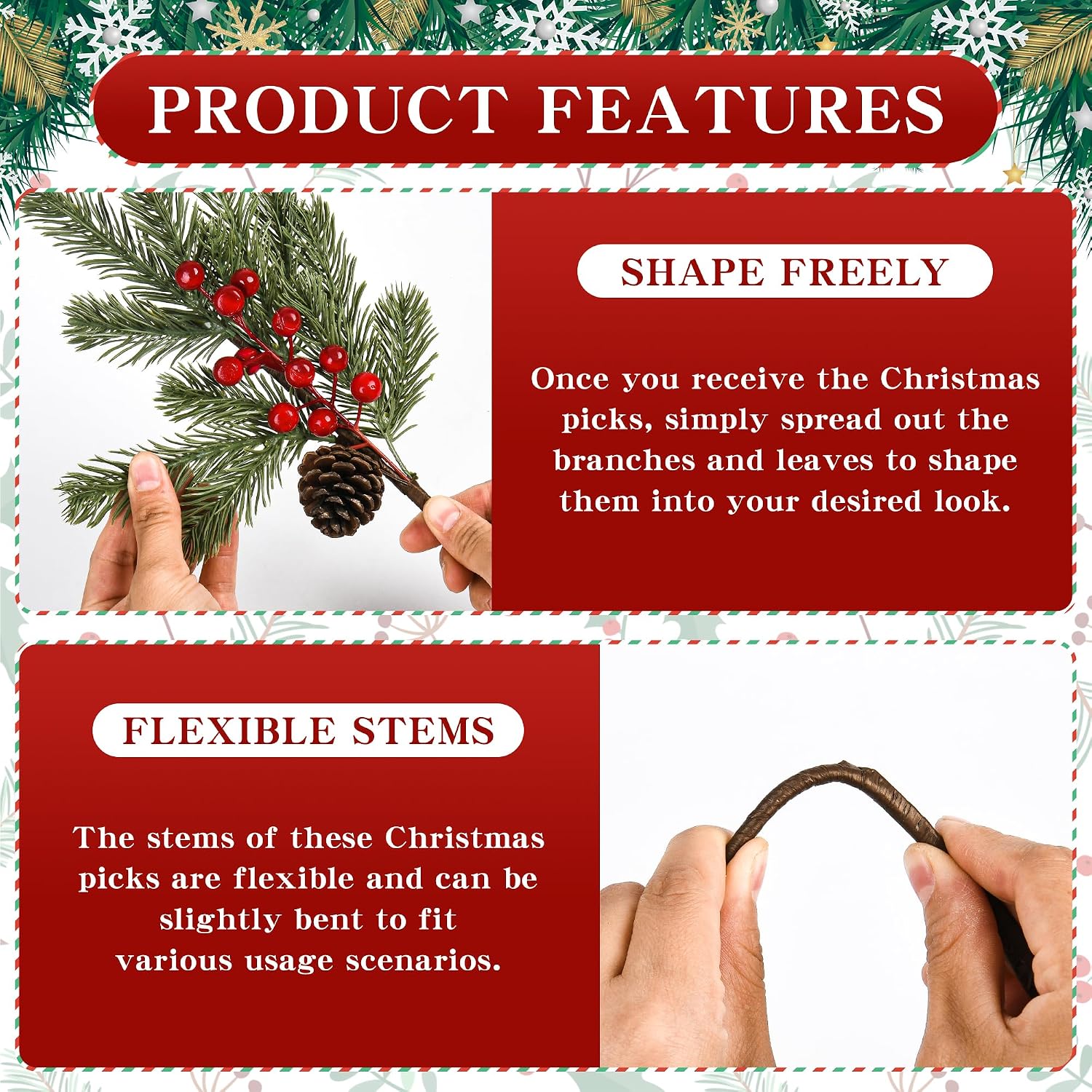 12PCS Artificial Christmas Flowers with Red Berries Pine Cone, 14.1 & 8.4 Inch Christmas Pines Decoration for DIY Wreath, Christmas Tree, Centerpiece, Vase Fillers Holiday Decor