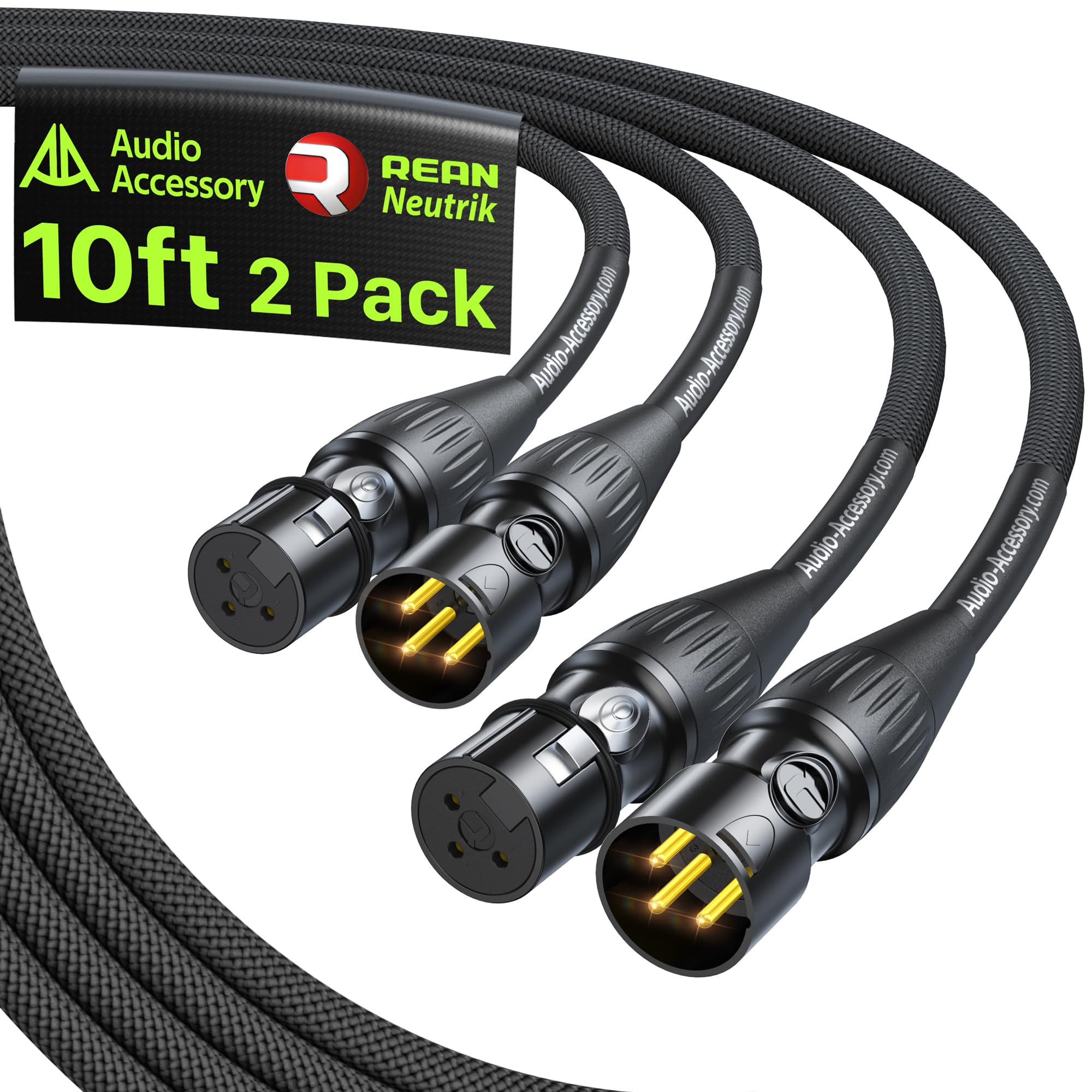 XLR Cables 10ft 2 Pack, Gold Plated Rean Connectors by Neutrik, All Length from 1.5ft to 300ft Kevlar-Reinforced Nylon Braided XLR Male to Female Microphone Cable, OFC Shielded Balanced Mic Cord