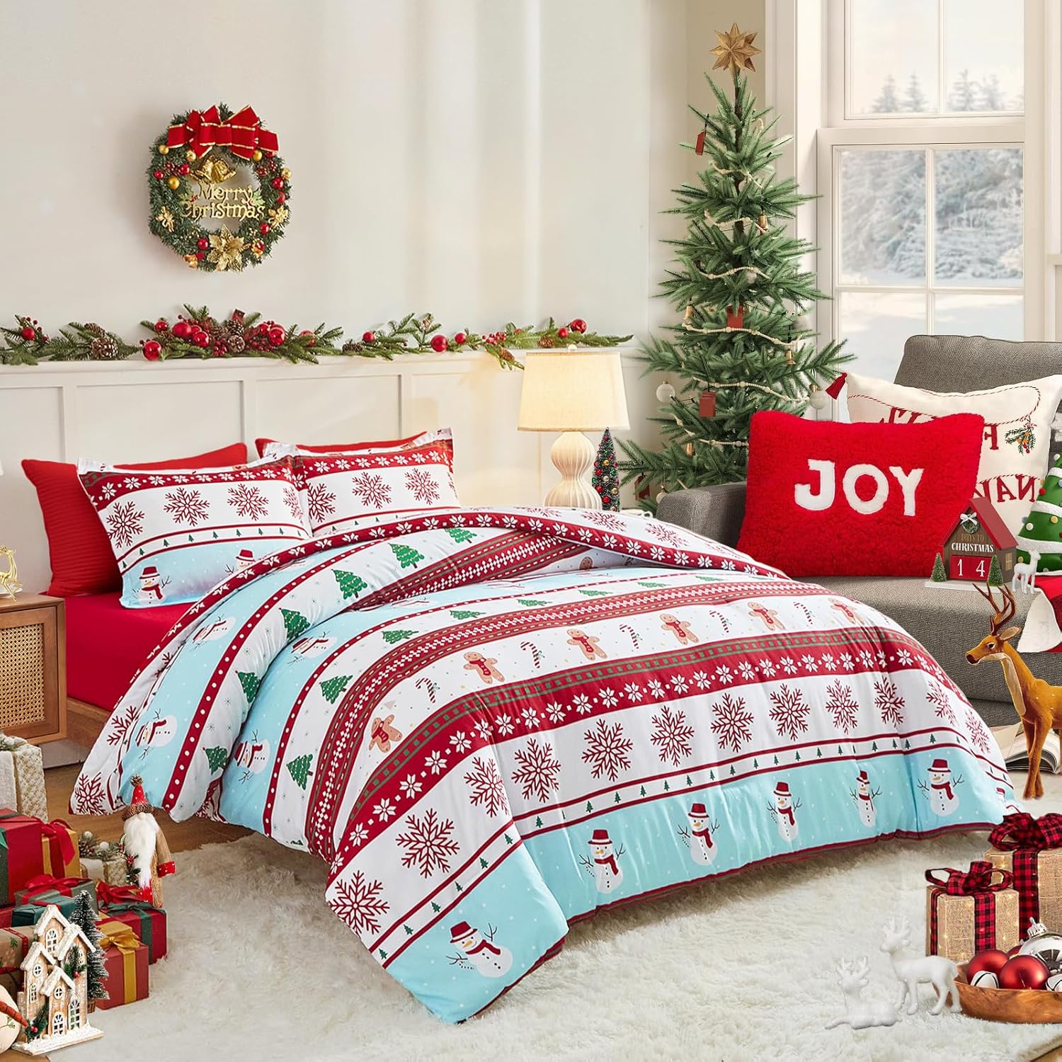 Joyreap 3 Pieces Christmas Duvet Cover Set, Red and White