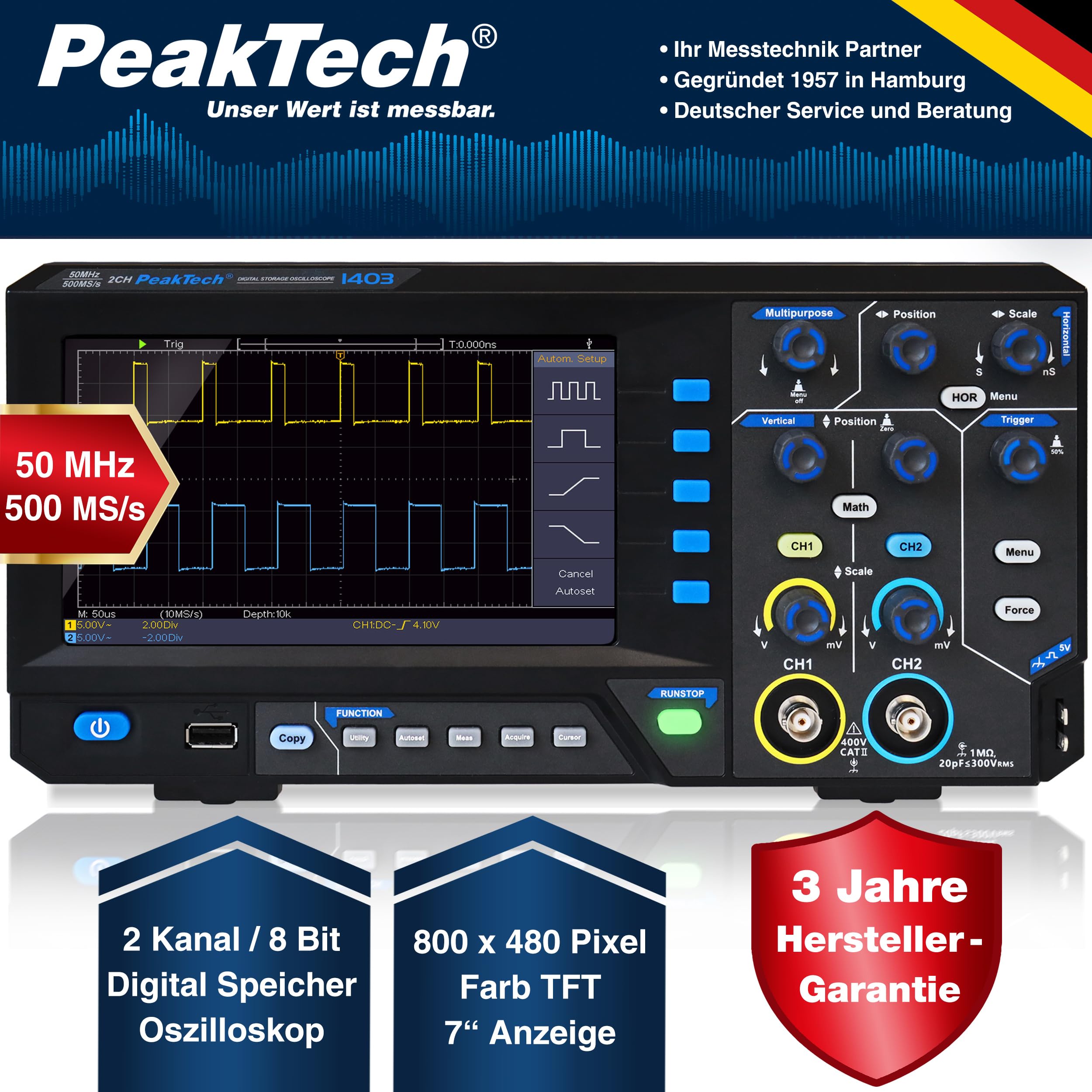 PeakTech, 1403, Osciloscopio digital de 2 canales [3 años de garantía] 50 MHz, 500MS/s, Interfaz USB, Software para PC, Osciloscopio P 1403, Negro, Osciloscopio USB, Multímetro osciloscopio