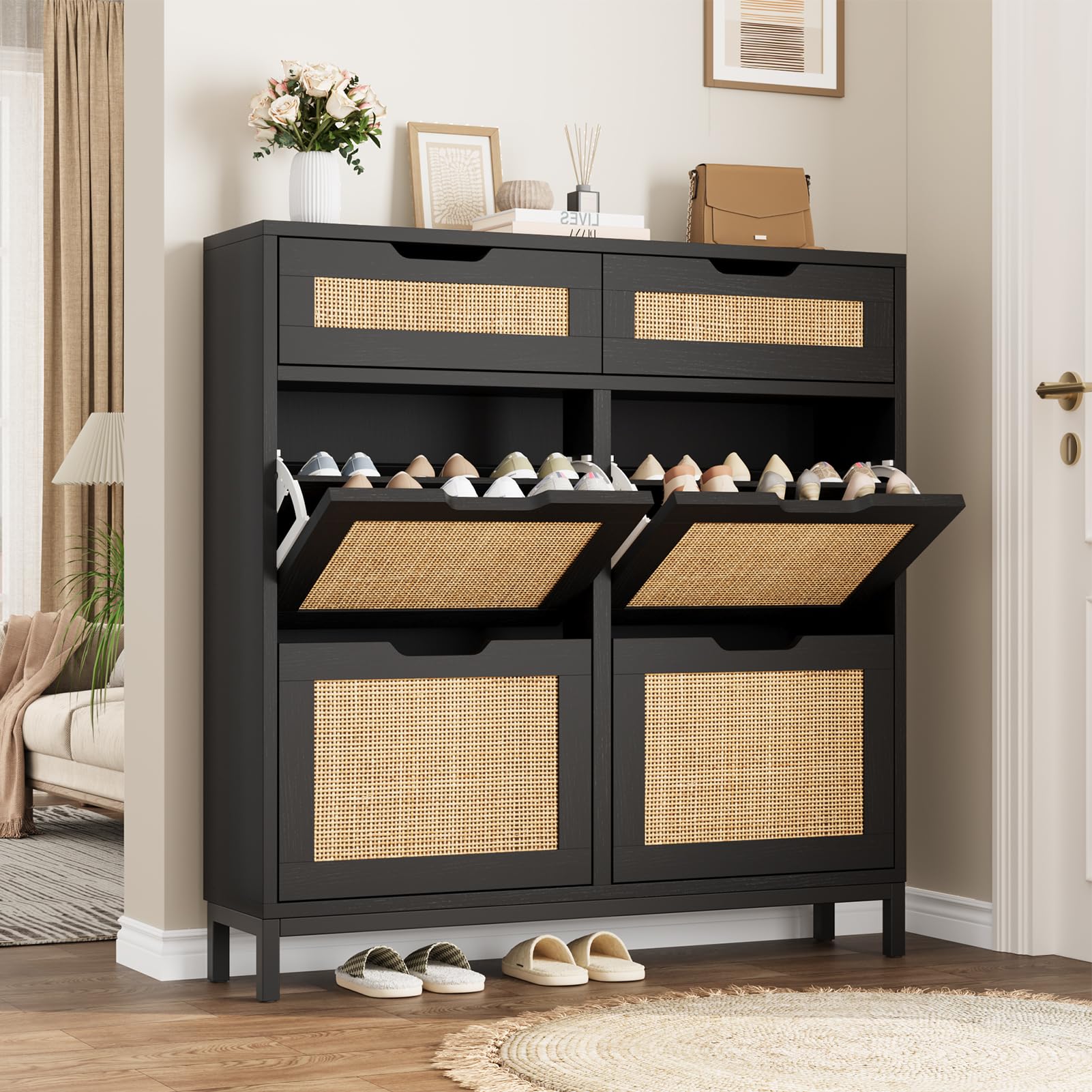 Rattan Shoe Cabinet for Entryway with 4 Flip Drawers & 2 Top Drawers, Freestanding Narrow Shoe Storage Cabinet with Metal Legs for Foyer, Hallway (Black)