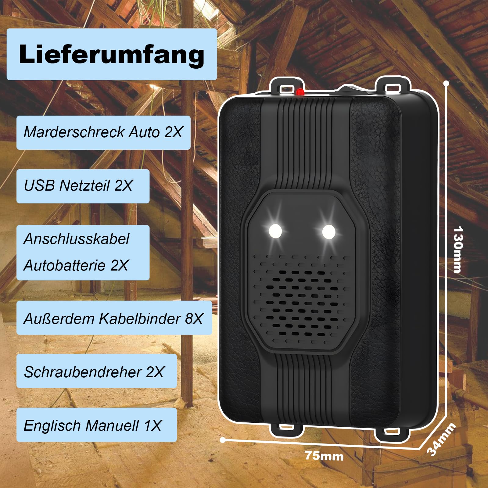 TEOV Marderschreck Auto, 15-36kHz Ultraschall Marderabwehr mit LED Blitzlicht, 12V Autobatterie & AA Batterie & USB, Anwendungsbereich ca. 40-50m², Tiervertreiber Marderschutz für Auto Haus (2 Stück)