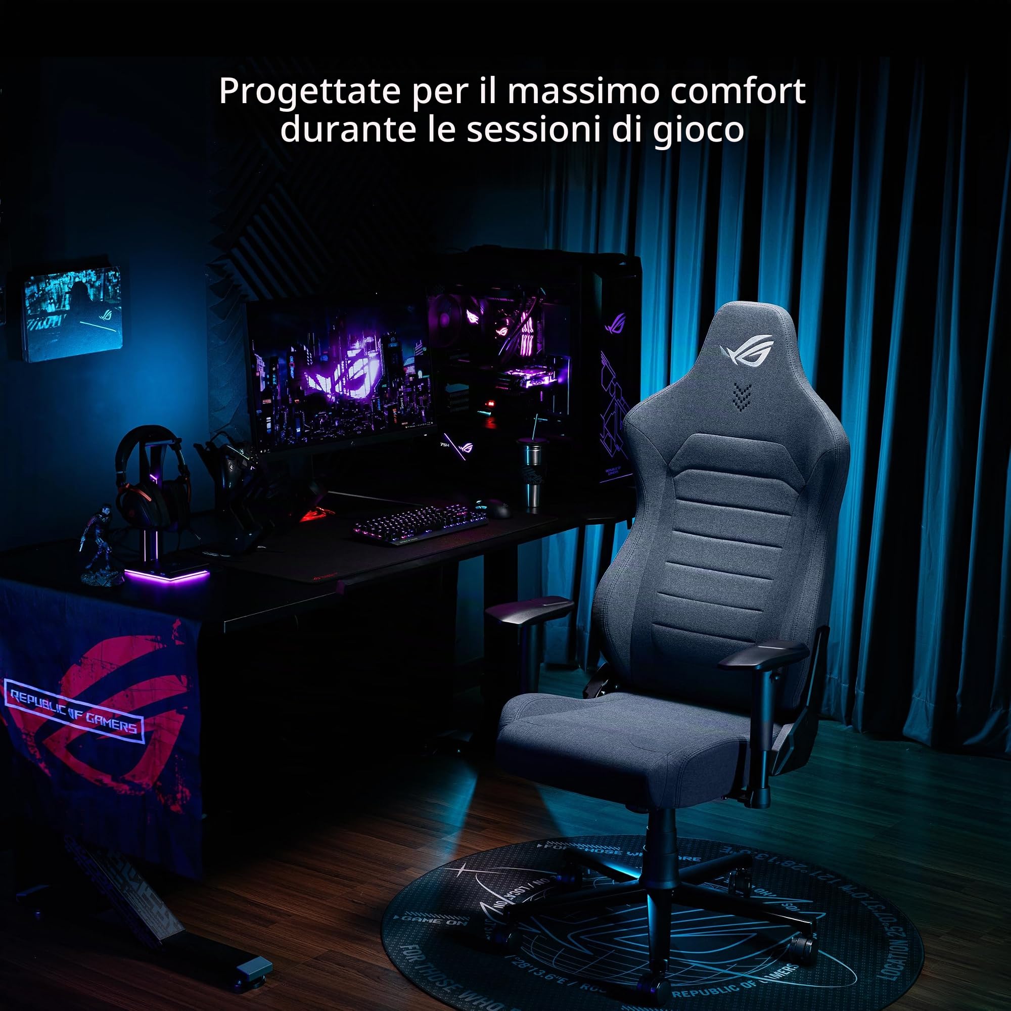 ASUS ROG AETHON FABRIC, Sedia Gaming Ergonomica, Supporto Lombare, Grigia | Struttura in Acciaio, Braccioli 2D Imbottiti, Rivestimento in Tessuto e Cuscini in Schiuma, Peso Massimo Supportato 136kg