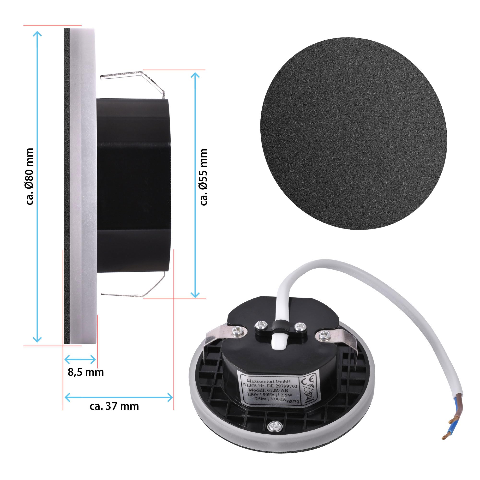 Maxkomfort 6er SET Treppenbeleuchtung LED schwarz 230V, Warmweiß 2,5W, Rund, Einbau Wandstrahler, Flur Nachtlicht - 6107-BK