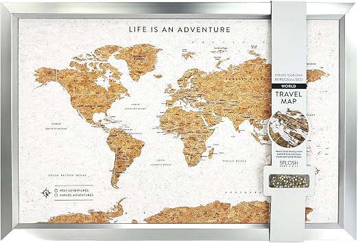 Splosh World Travel Map with Pins   White Cork with Silver Frame Medium Size Wall Travel Tracker Bucket List Gift with 100 Push Pins for Marking Past and Future Adventures 54 x 77 cm