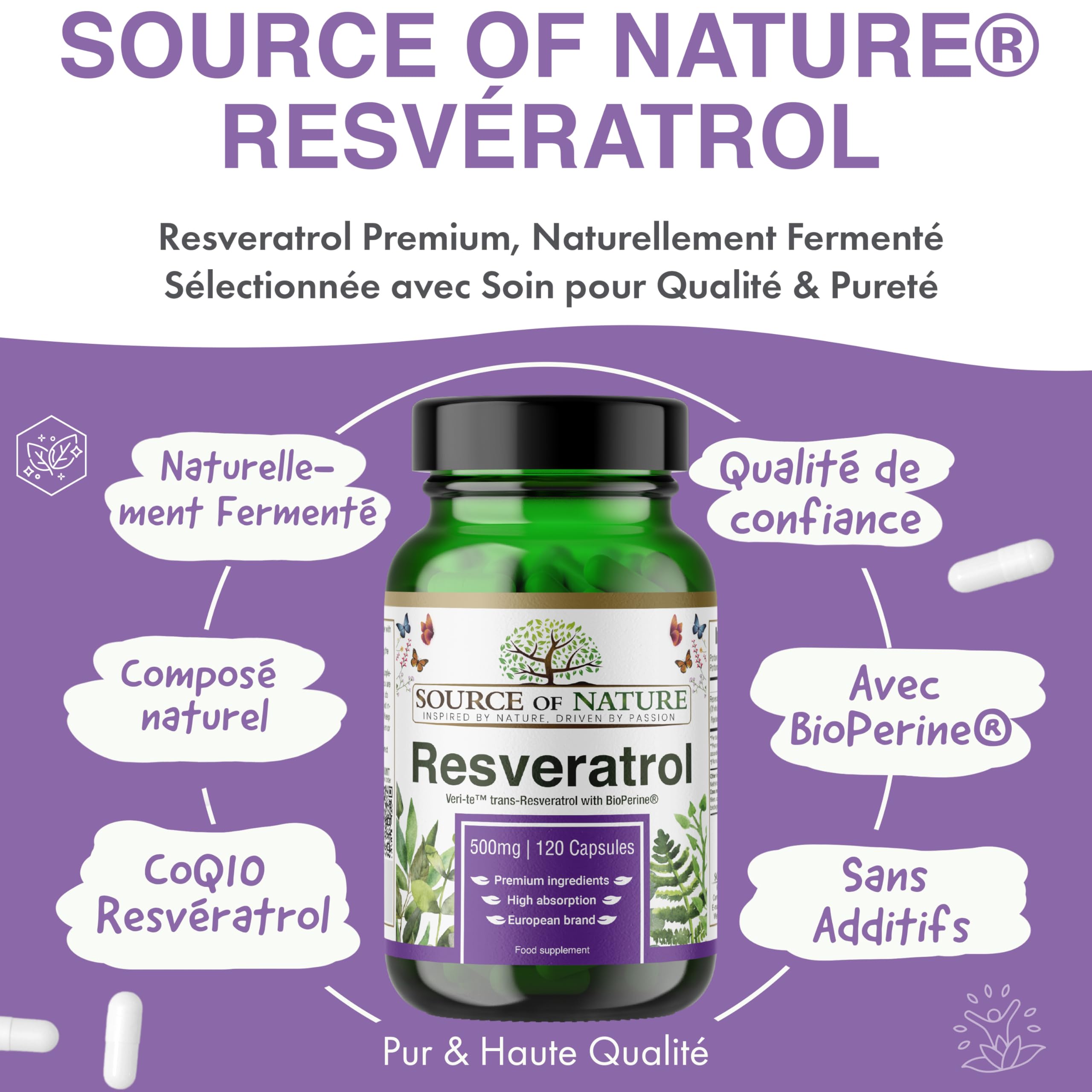 Trans-Resvératrol 500 mg | 120 gélules vegan | Haute dose | Pureté 98 % | Fermenté naturellement | Avec pipérine | Testé en laboratoire | Qualité premium