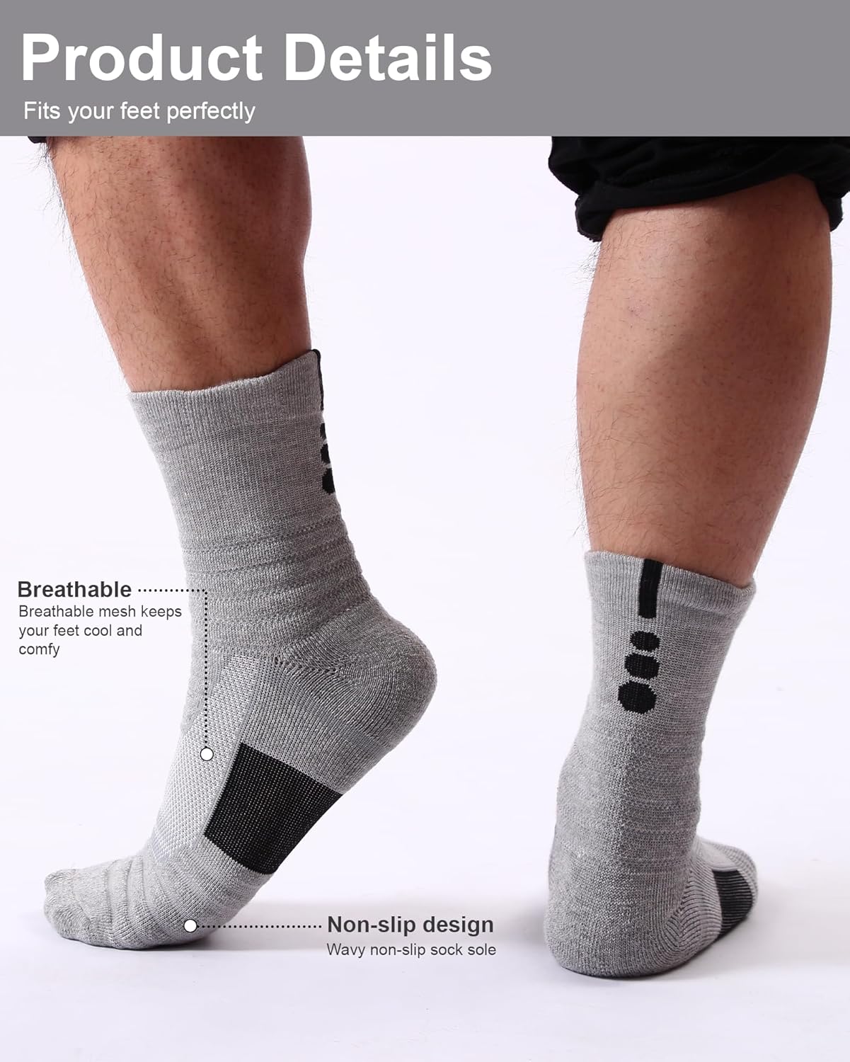 Mid-Crew Basketball Socks 6 Pairs - Arch Support Non-Slip Socks with Cushioned Sole & Mesh Ventilation for Men/Women - Image 2