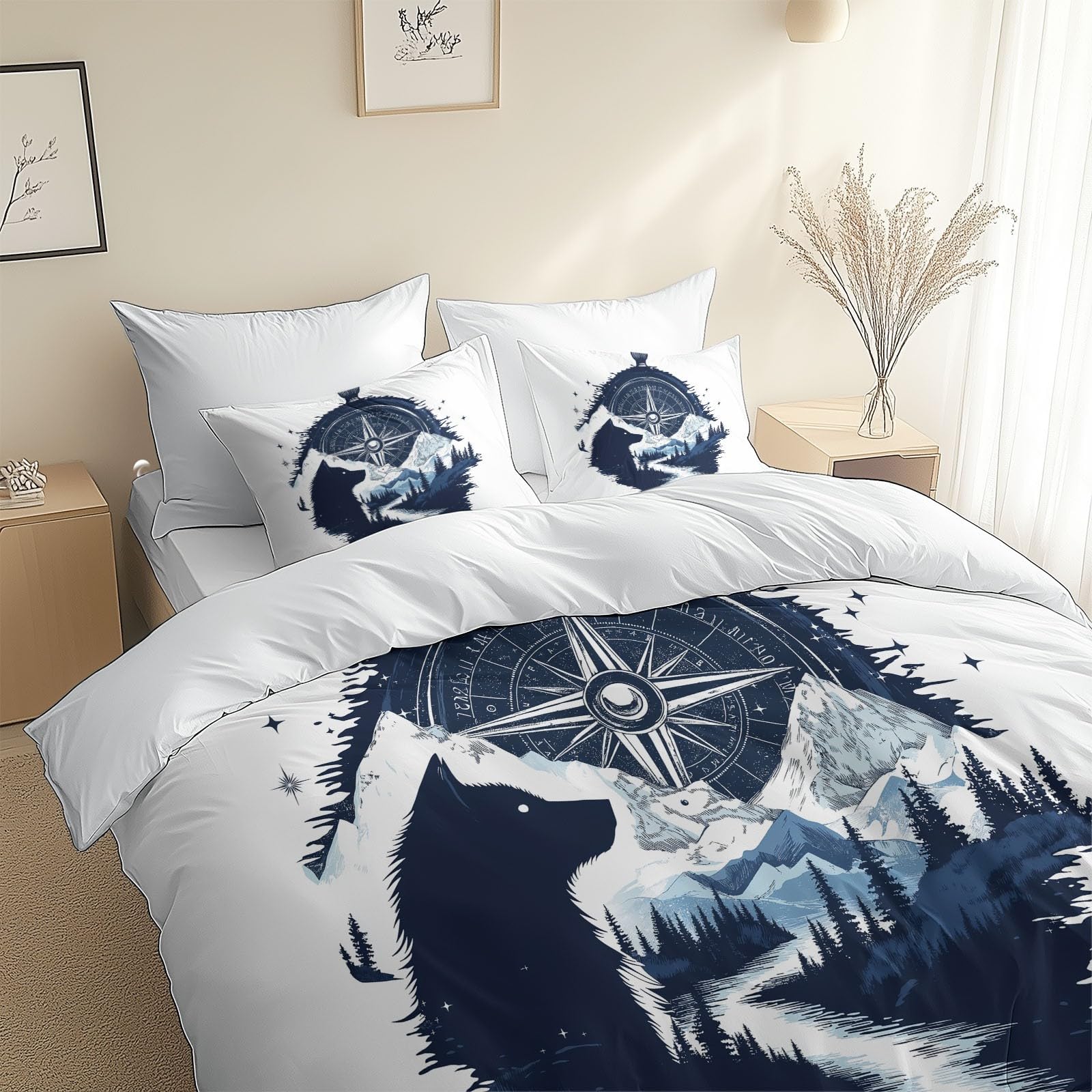 Parure de lit loup 160x200 cm housse couette blanche bleue fermeture éclair lit 2 personnes