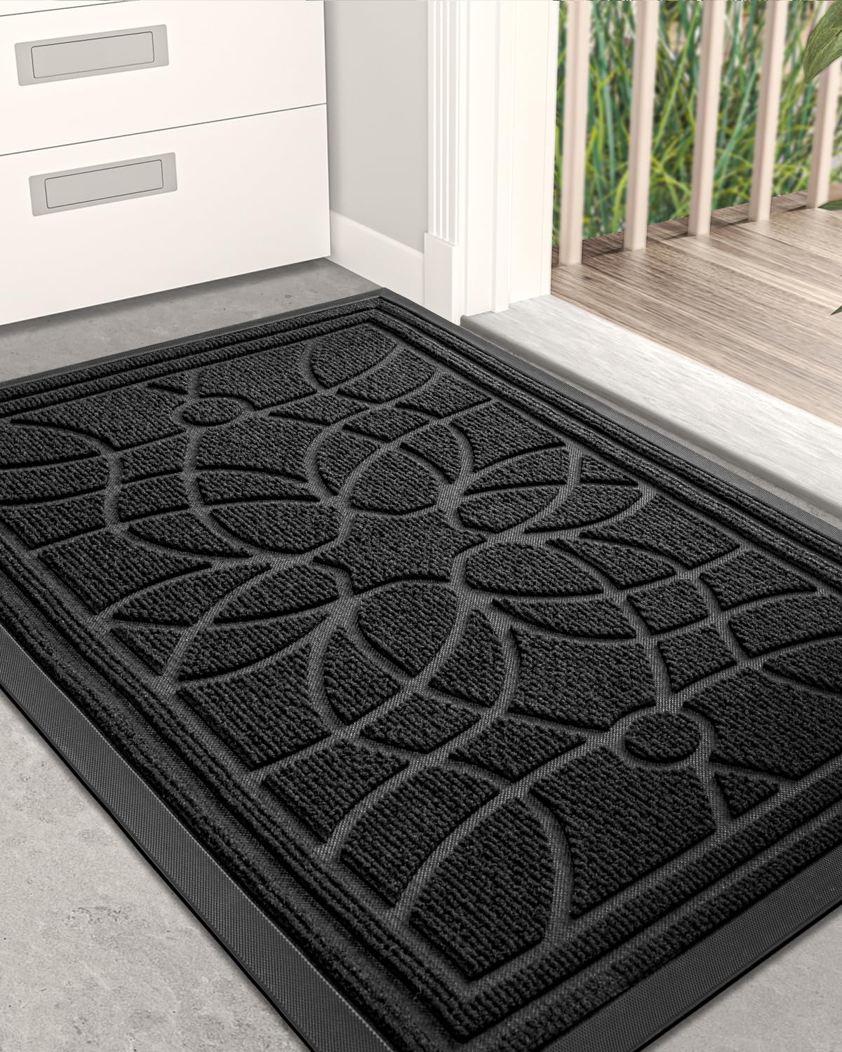 DEXI Front Door Mat Outside Entrance, Heavy Duty Non Slip Low Profile Doormat for Entryway, Trap Dirt and Moisture Welcome Mats, Easy Clean, Patio, Garage, 17x29, Black