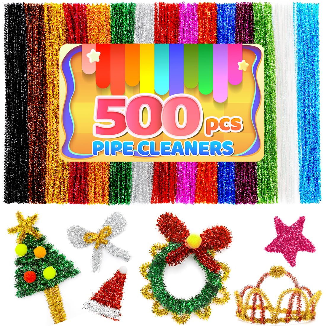 IOOLEEM 500pcs Glitter Pipe Cleaners for Christmas