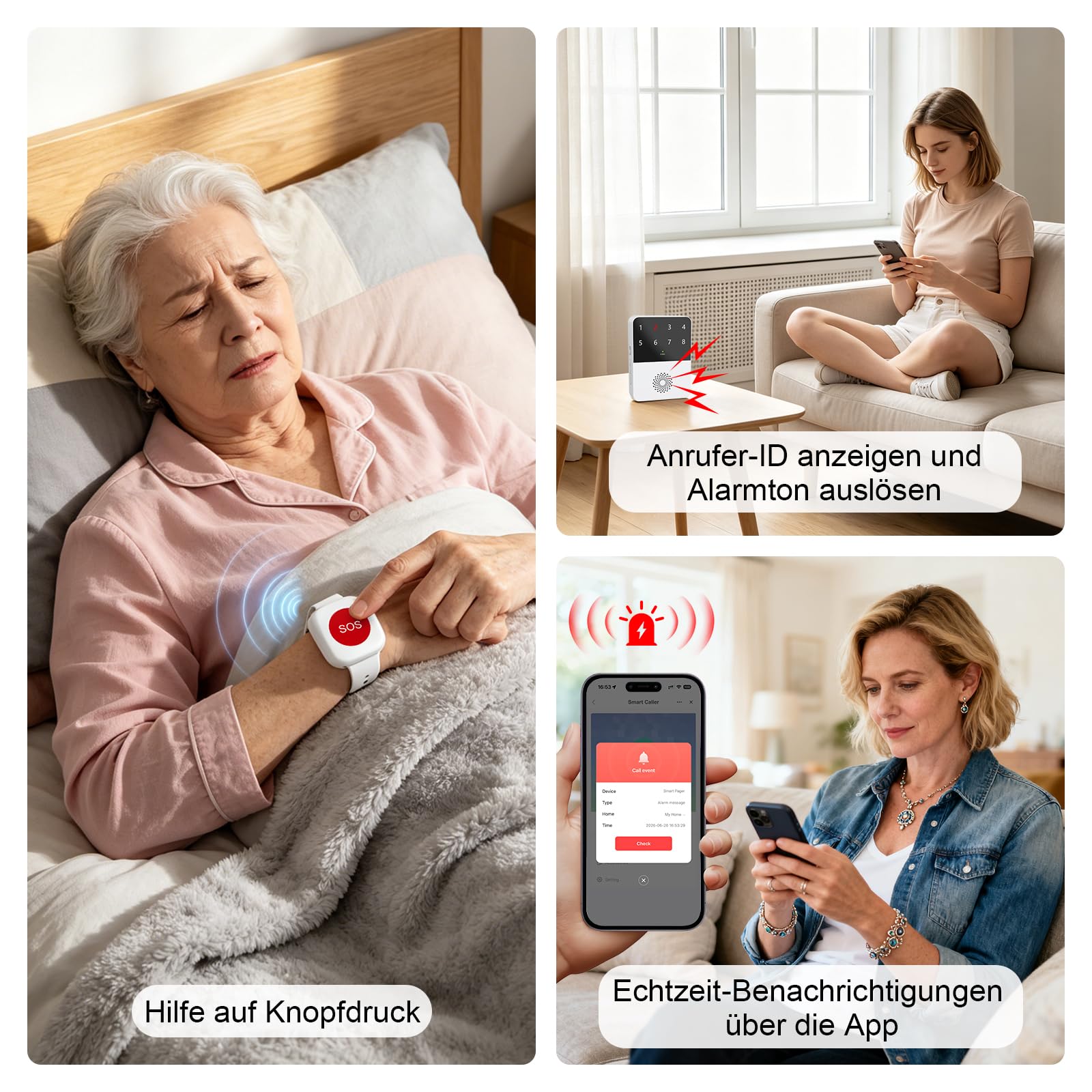 Tuya Smart WiFi Hausnotruf, Notrufknopf für Senioren, Anzeige & App-Benachrichtigungen, Tragbares Notfallarmband Notrufknopf, 2 Notfallknopf,1 Armband,1 Empfänger für Senioren,Behinderte,Kinder