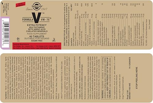 Miniatura 2 de Solgar Formula VM-75 60 comprimidos multivitamínico con minerales quelatados vitamina A B6 B12 C D E biotina magnesio calcio hierro zinc vegano sin