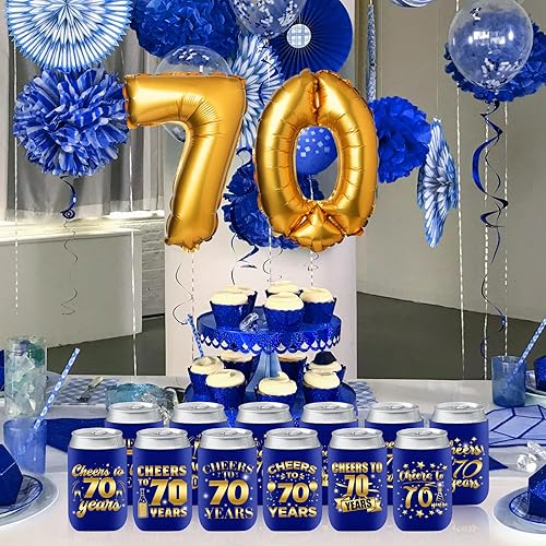 Miniatura 2 de 24 fundas enfriadoras para latas de cumpleaños 70, decoración de cumpleaños de 70 años azul y dorado para hombres y mujeres, para fiestas de