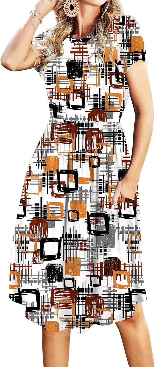 Simier Fariry Womens Summer Modest Work Casual Midi Knee Dress Pocket Short Sleeve Teacher Outfits Spring Travel Clothes